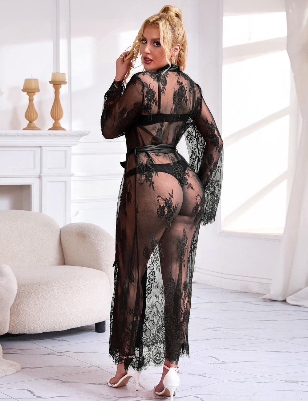 Black Sexy Lace Satin Mesh Long Nightgown With Belt