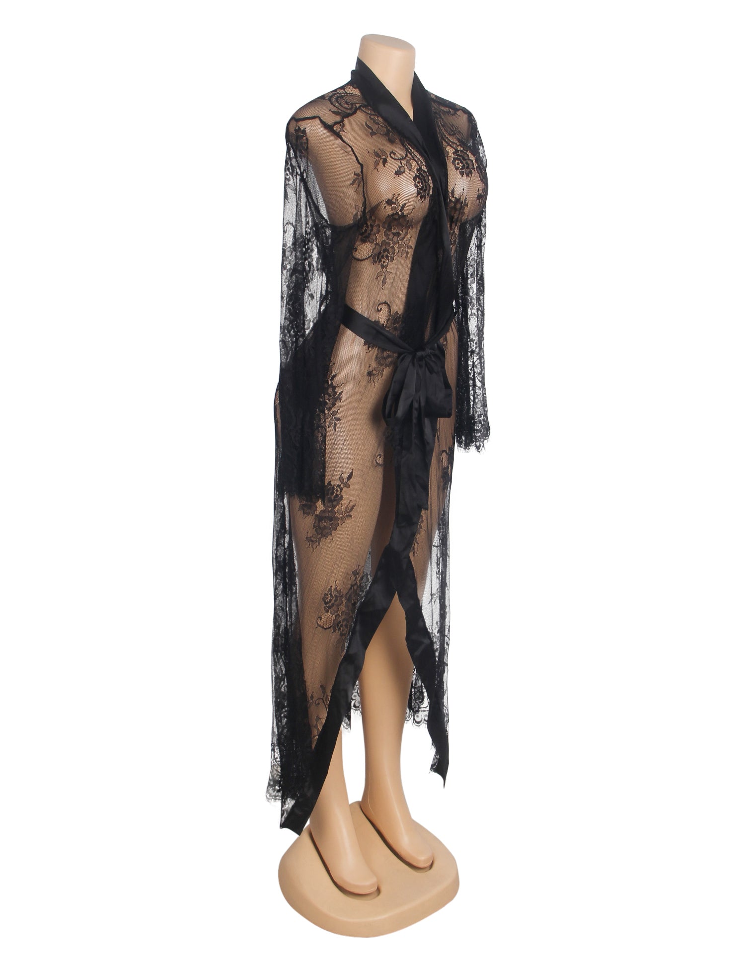 Black Sexy Lace Satin Mesh Long Nightgown With Belt
