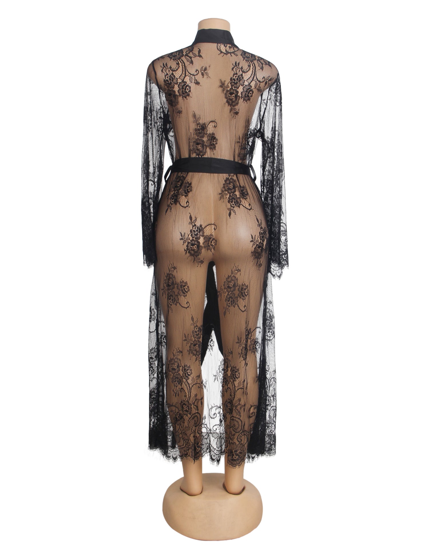 Black Sexy Lace Satin Mesh Long Nightgown With Belt