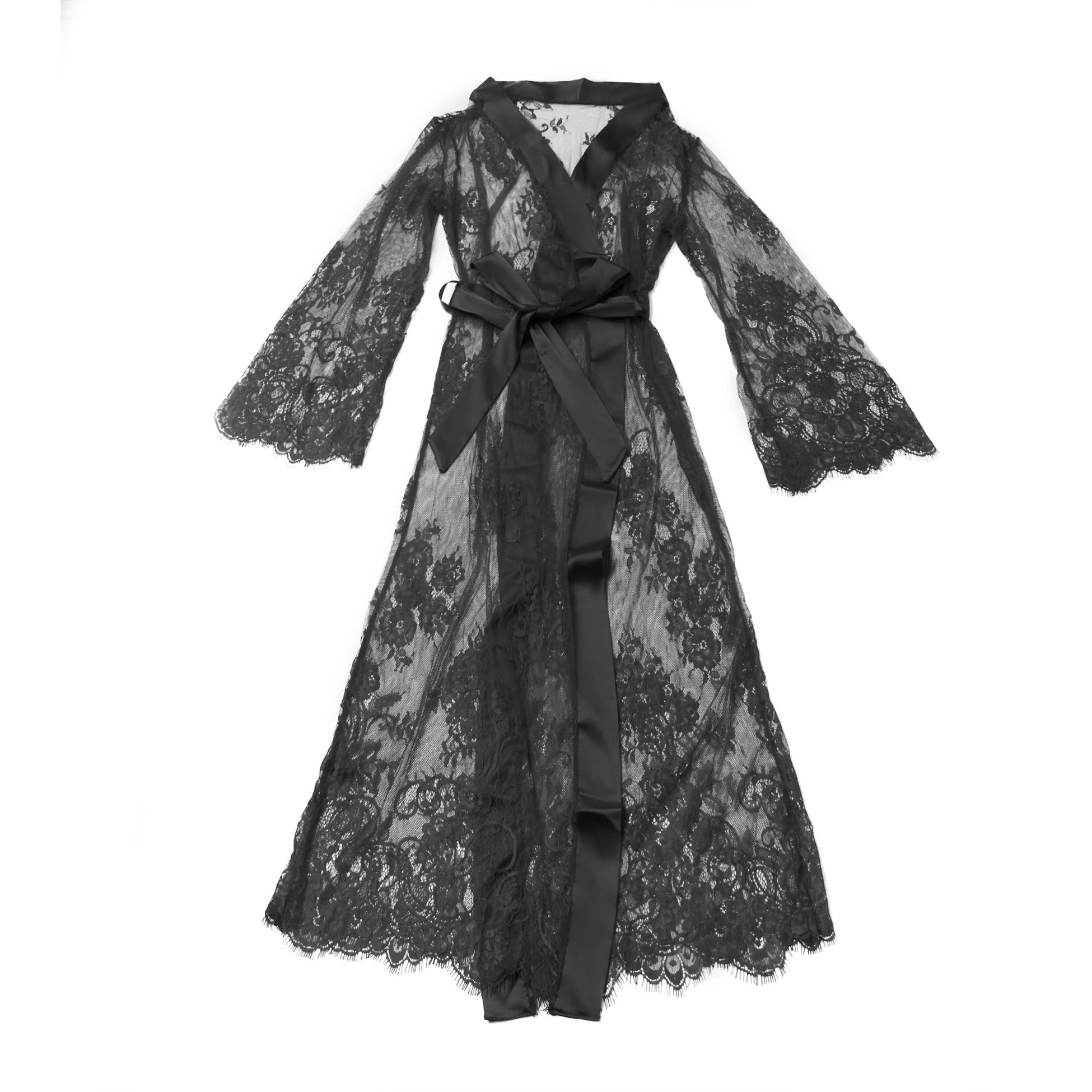 Black Sexy Lace Satin Mesh Long Nightgown With Belt