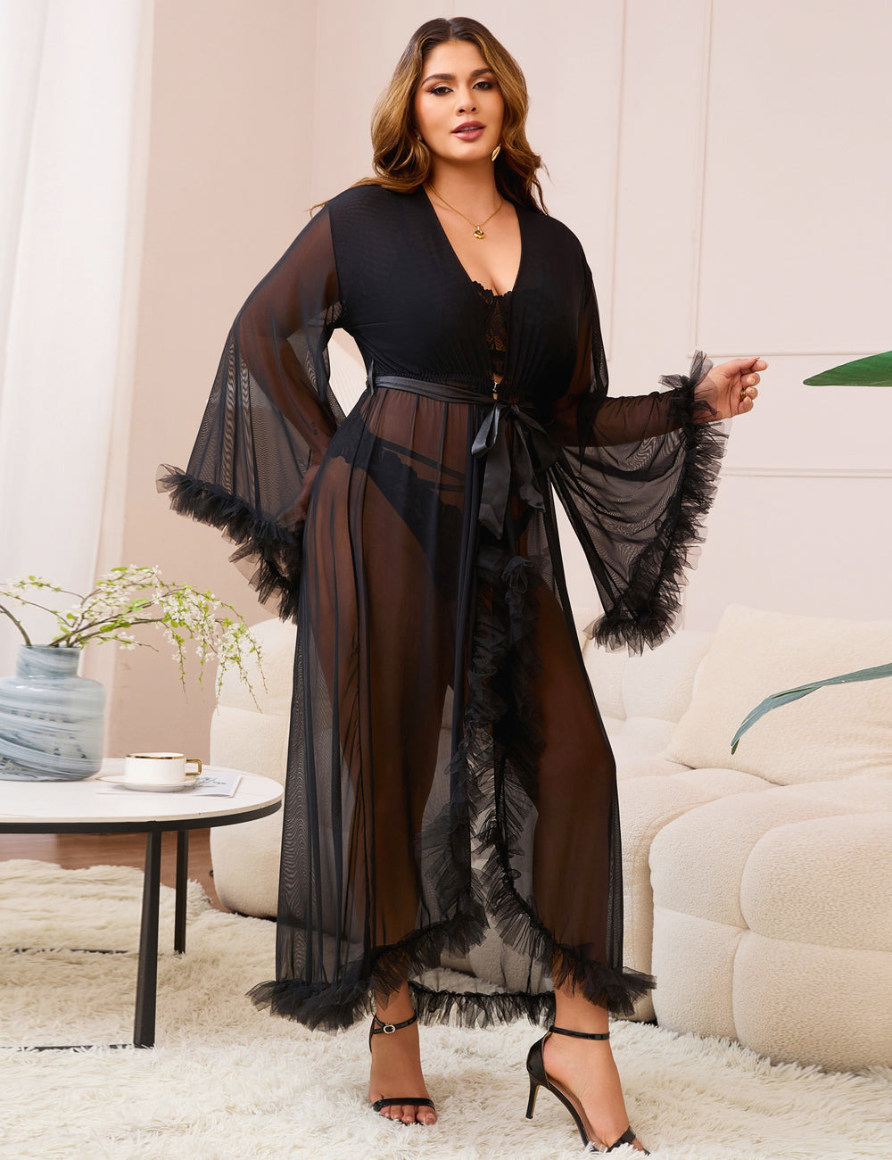Black Sexy Mesh Ruffled Long Robe With Belt