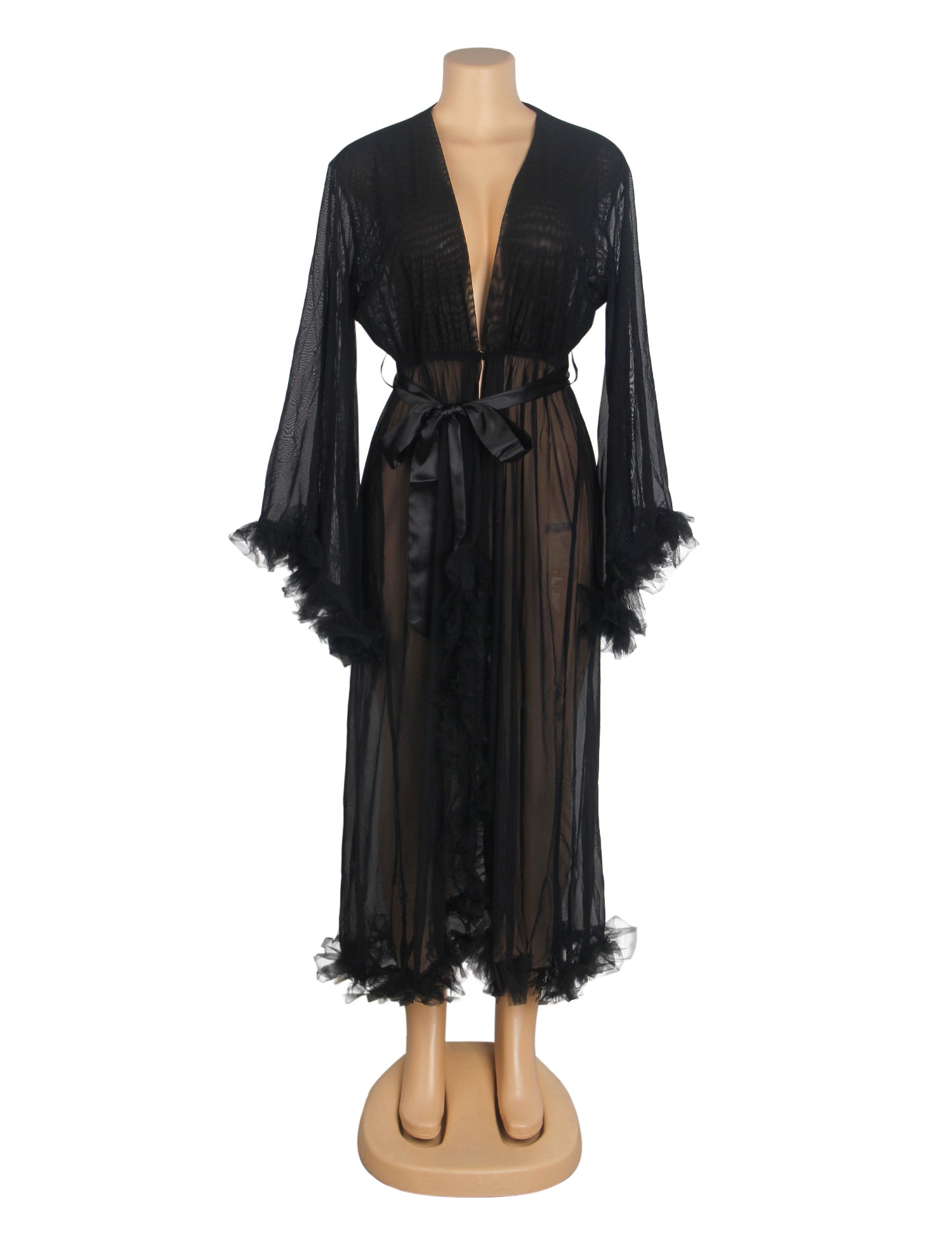 Black Sexy Mesh Ruffled Long Robe With Belt