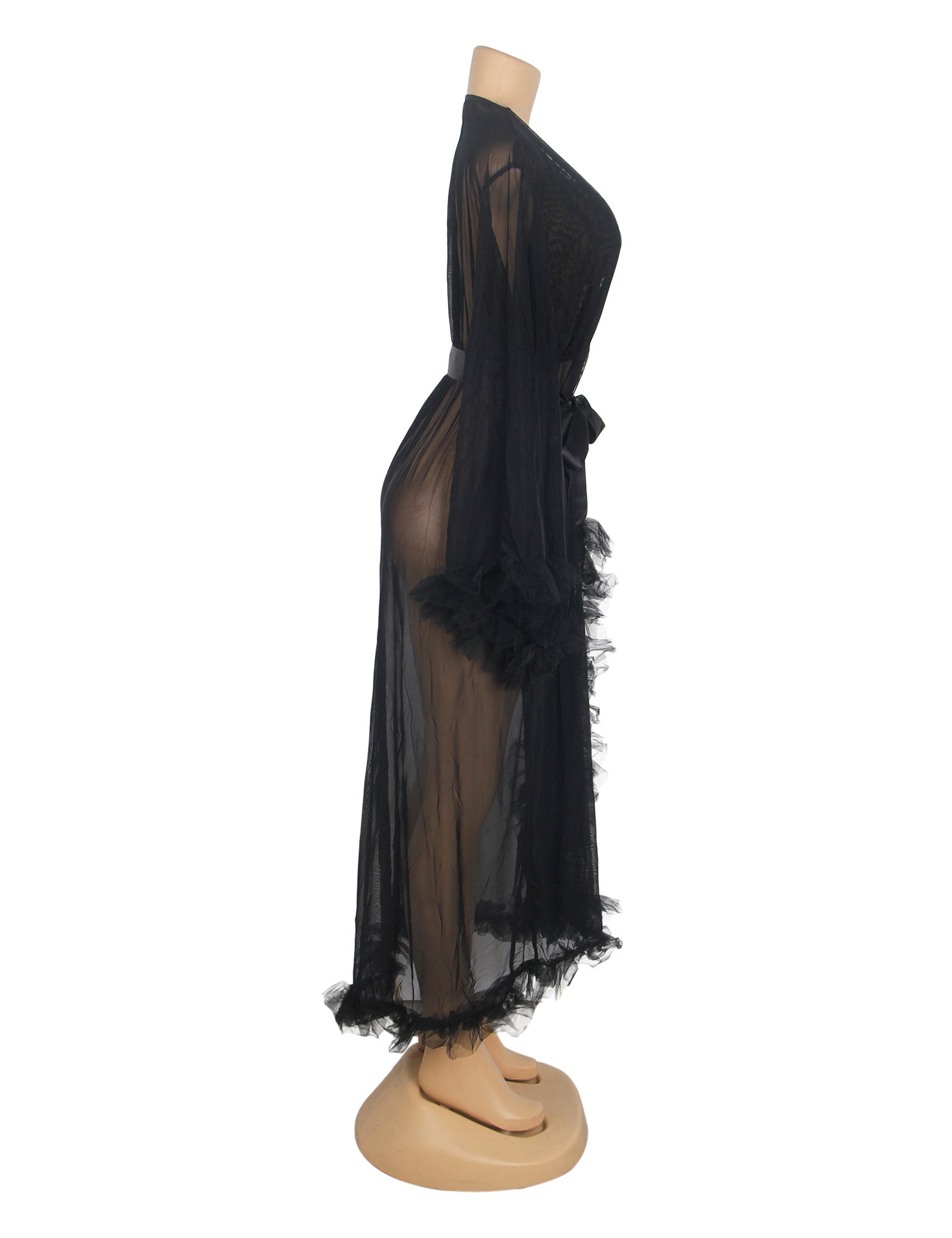 Black Sexy Mesh Ruffled Long Robe With Belt