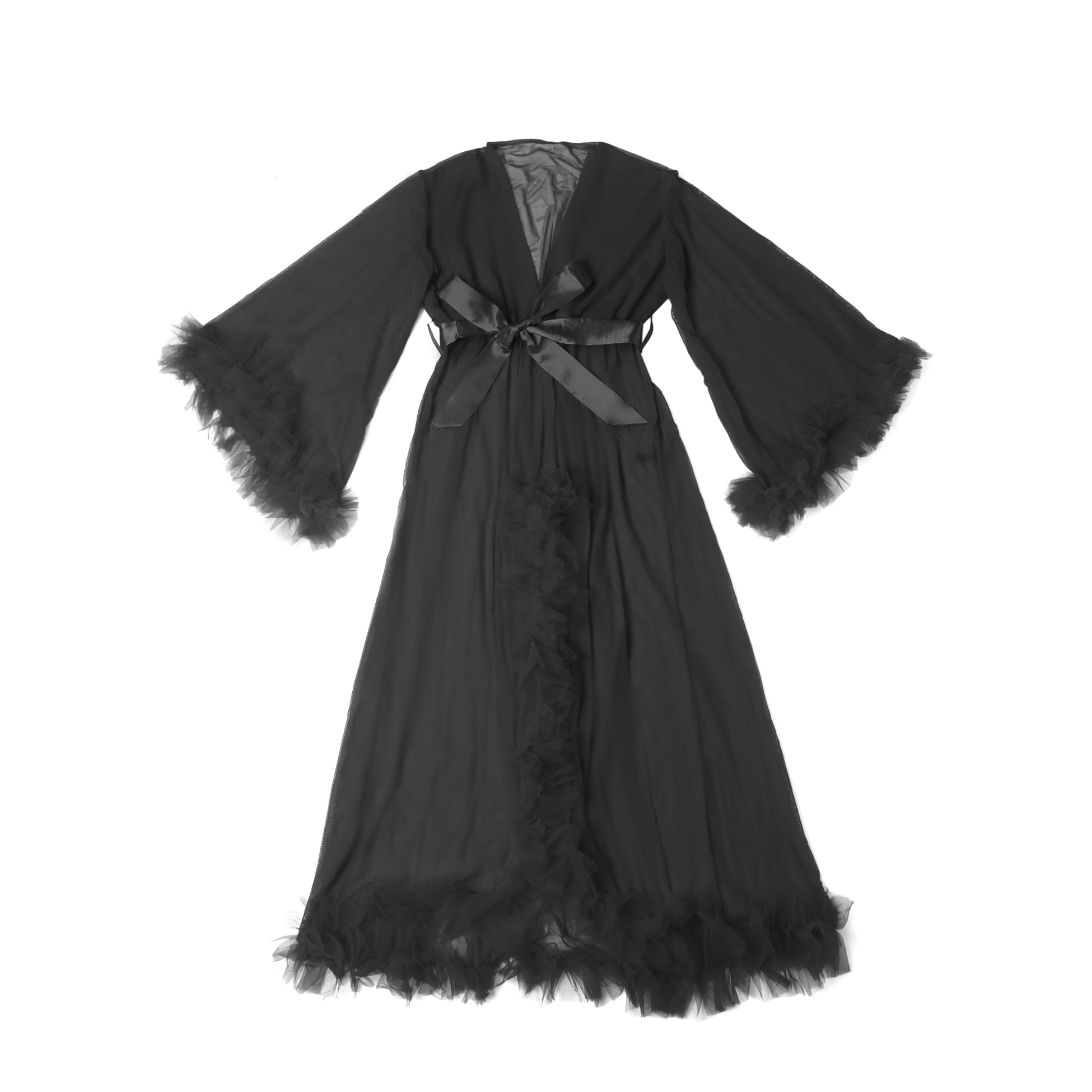 Black Sexy Mesh Ruffled Long Robe With Belt