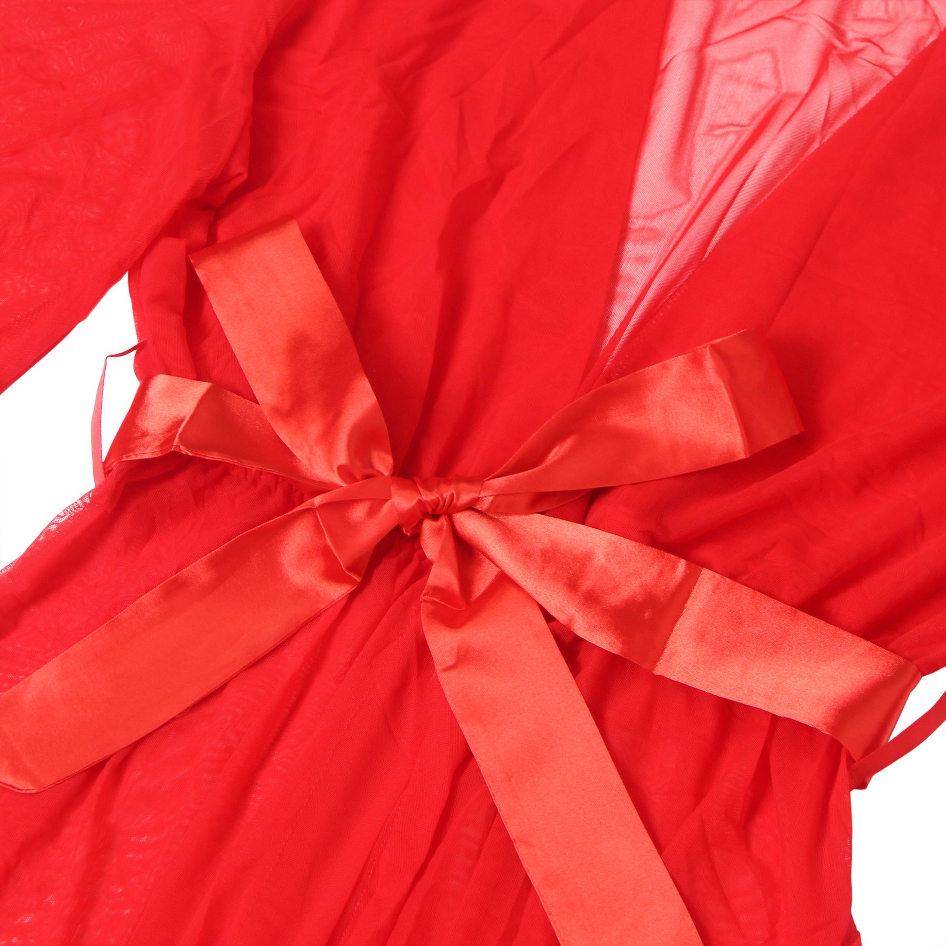Red Sexy Mesh Ruffled Long Robe With Belt