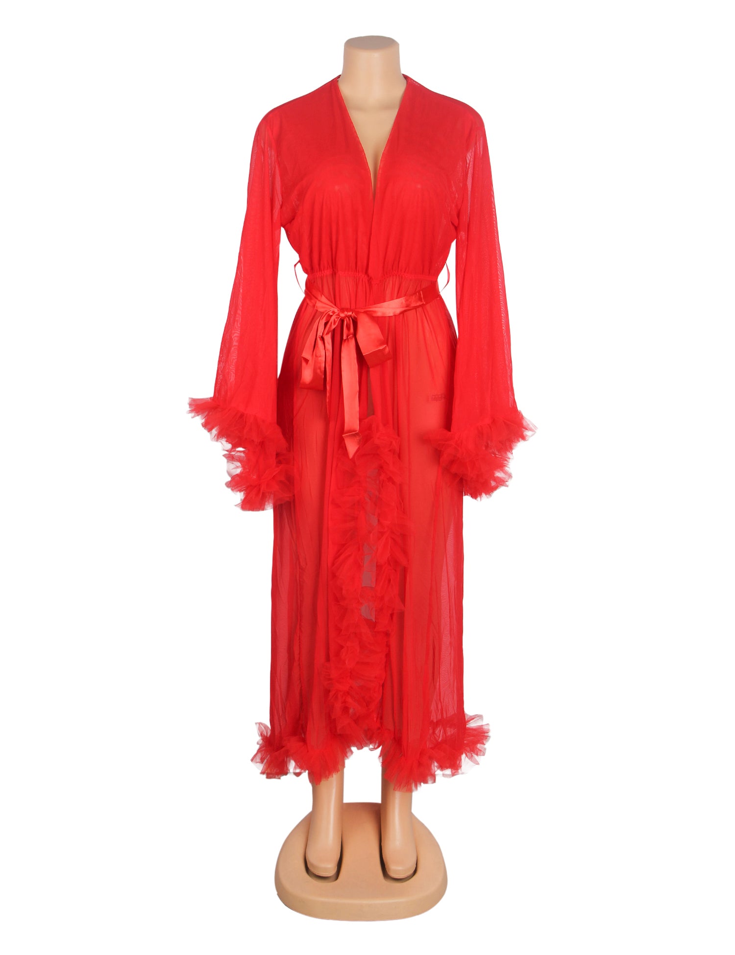 Red Sexy Mesh Ruffled Long Robe With Belt