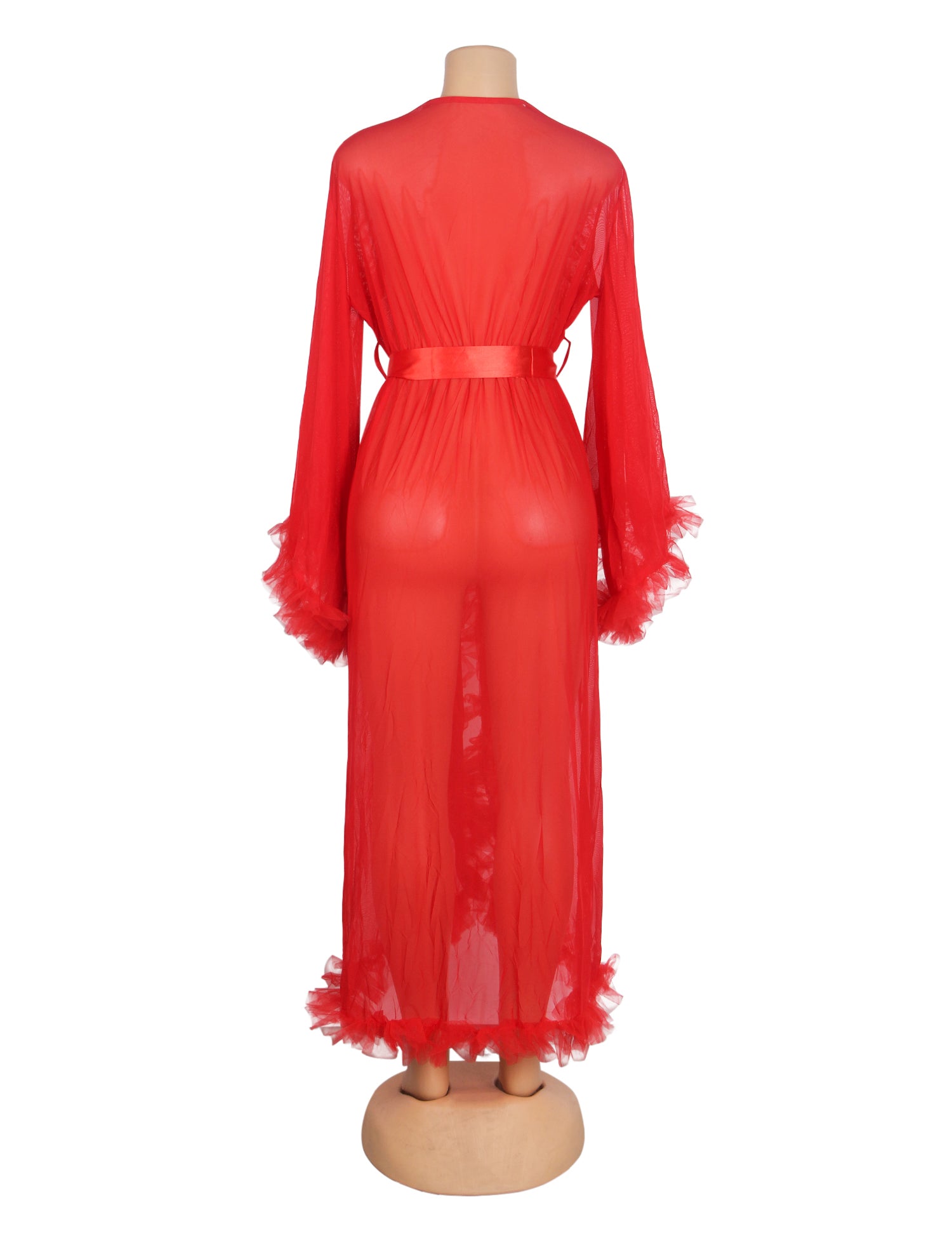 Red Sexy Mesh Ruffled Long Robe With Belt