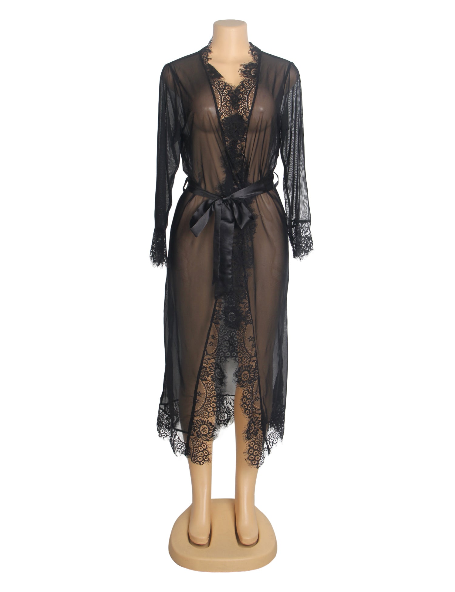 Black Sexy Mesh Eyelash Lace Long Nightgown with Belt