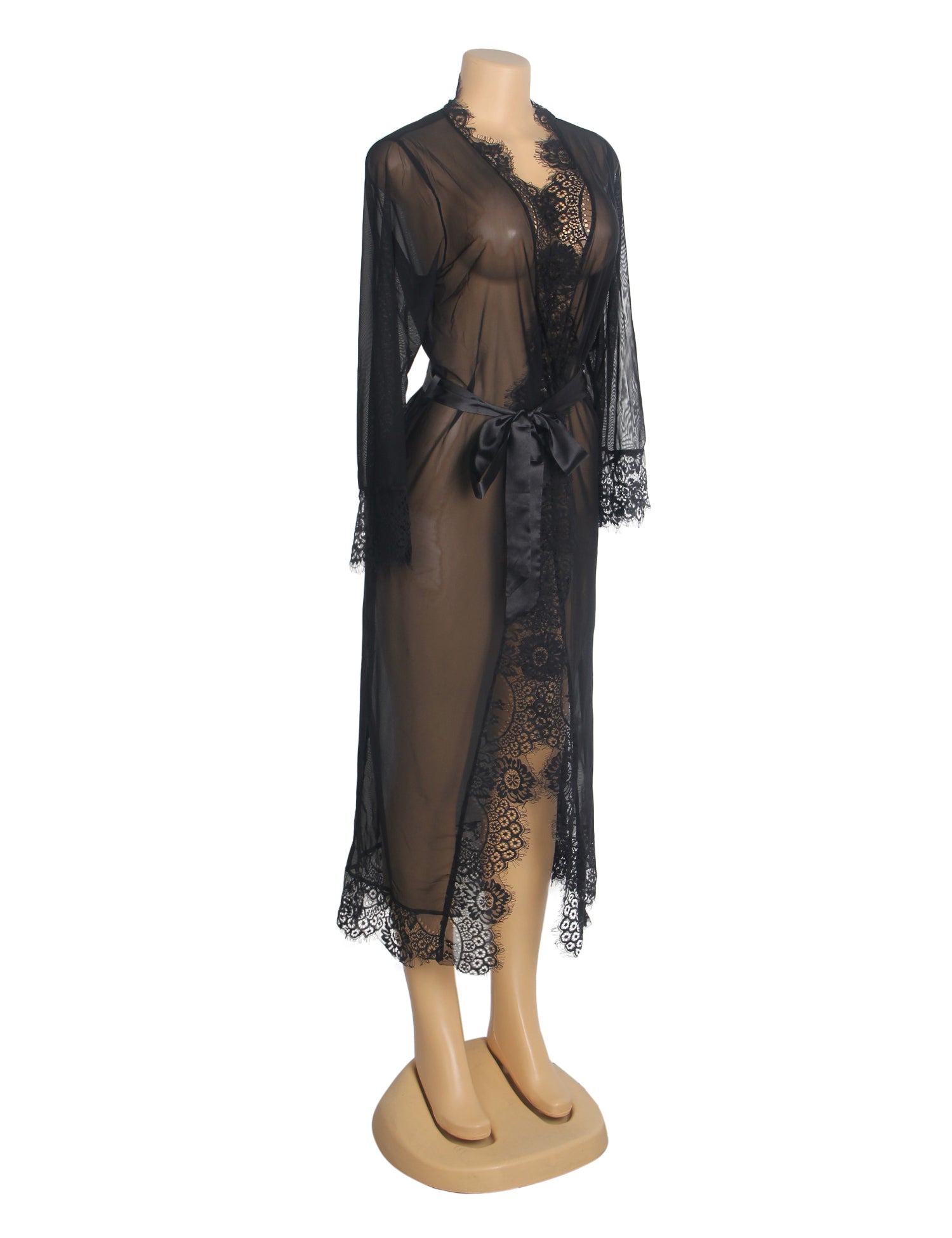 Black Sexy Mesh Eyelash Lace Long Nightgown with Belt