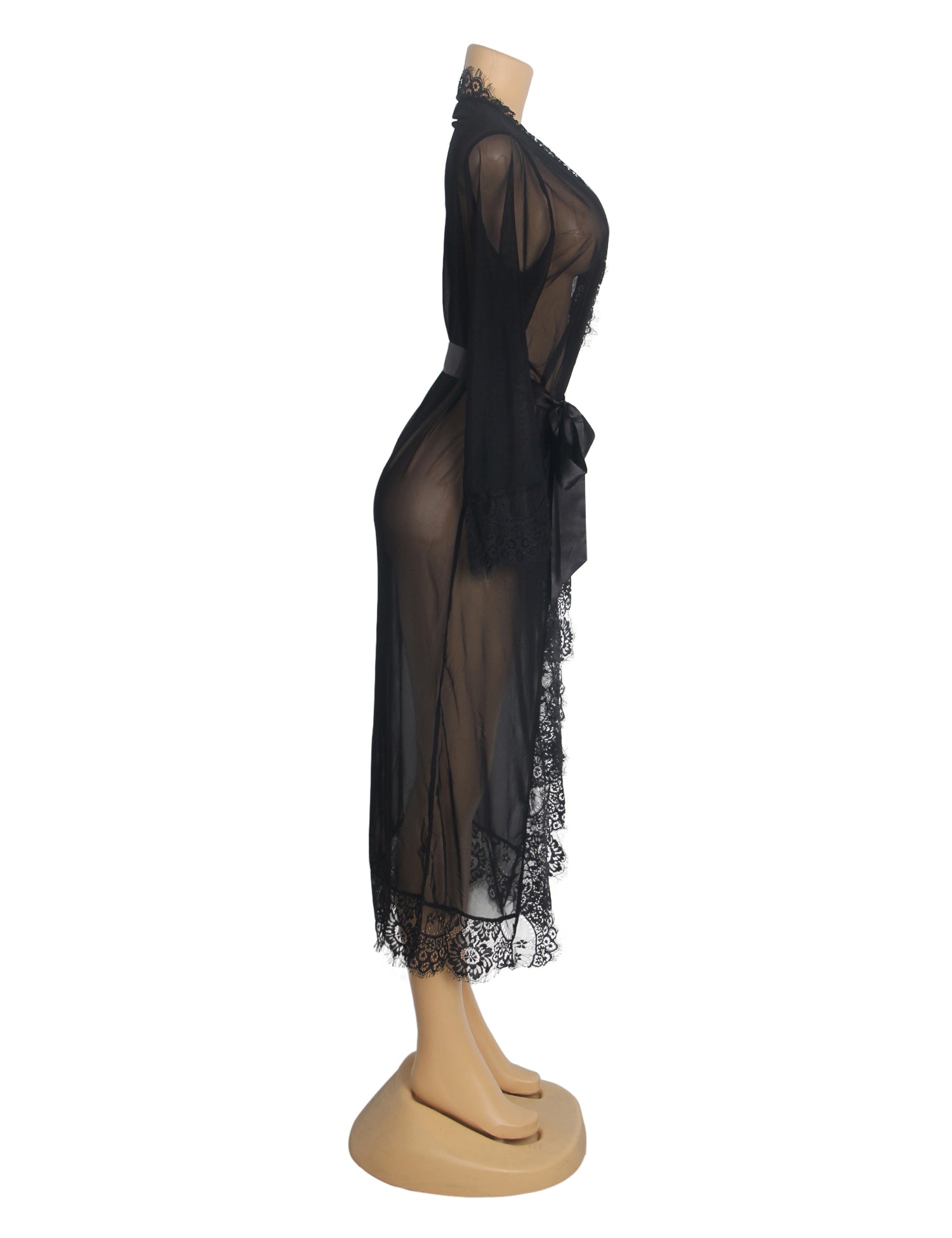 Black Sexy Mesh Eyelash Lace Long Nightgown with Belt