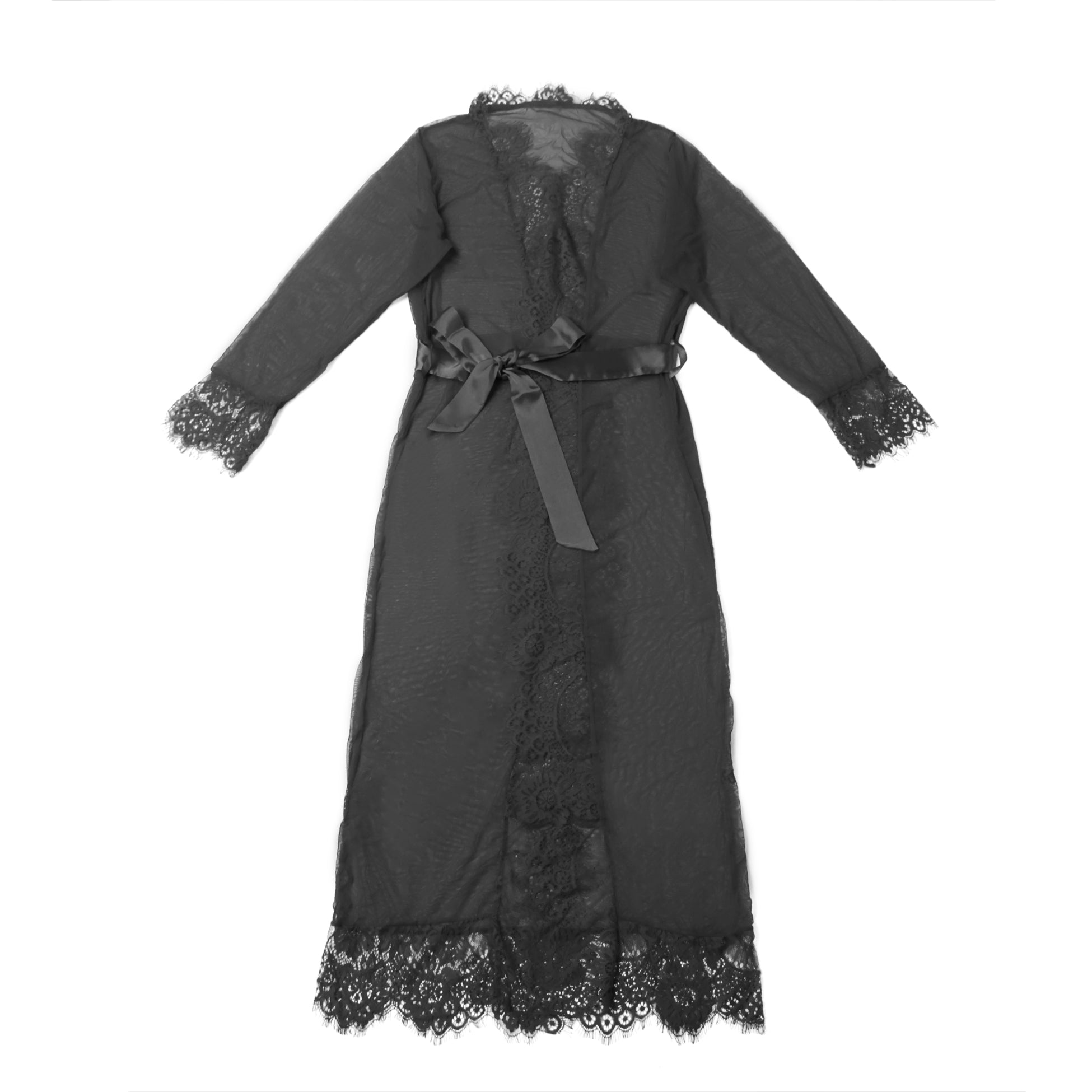 Black Sexy Mesh Eyelash Lace Long Nightgown with Belt