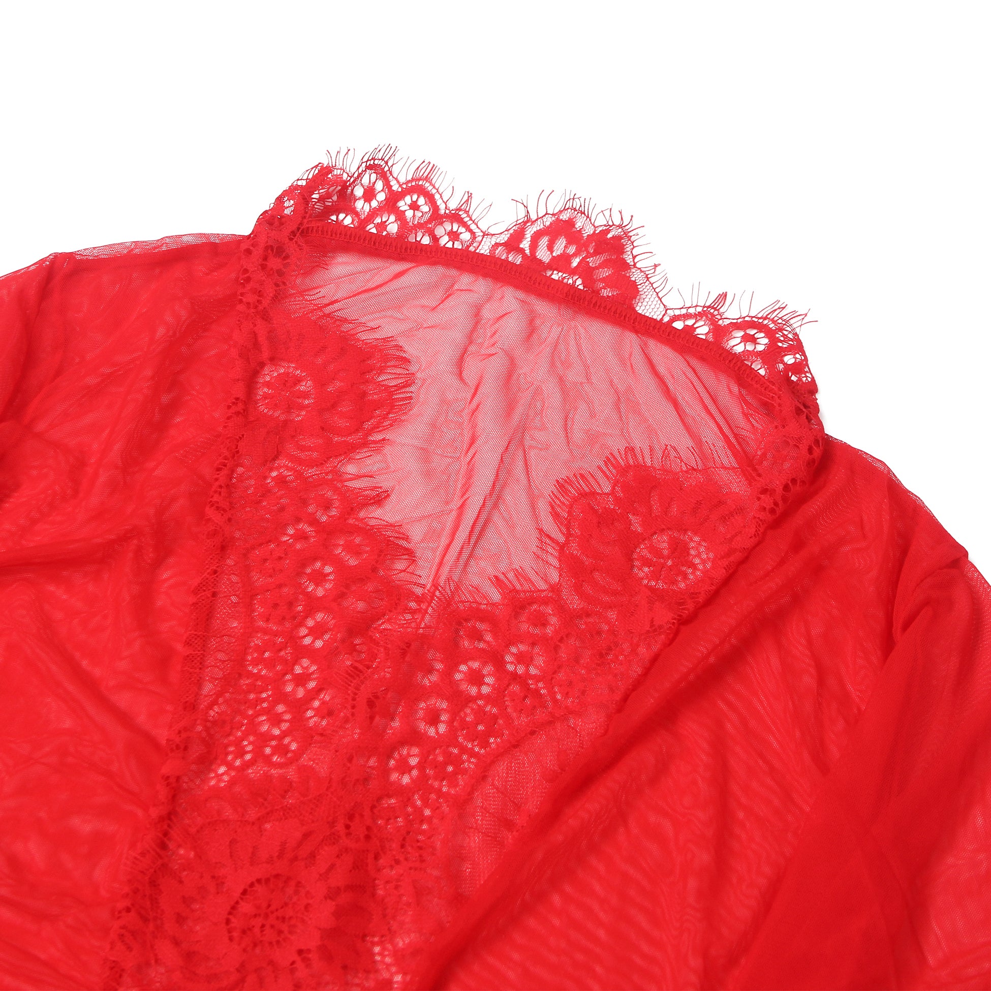 Red Sexy Mesh Eyelash Lace Long Nightgown with Belt