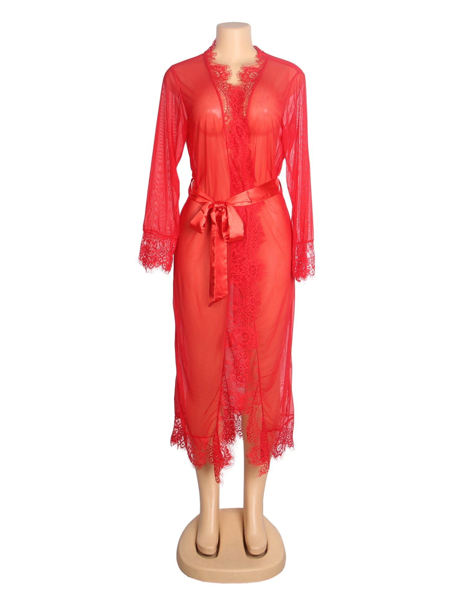 Red Sexy Mesh Eyelash Lace Long Nightgown with Belt