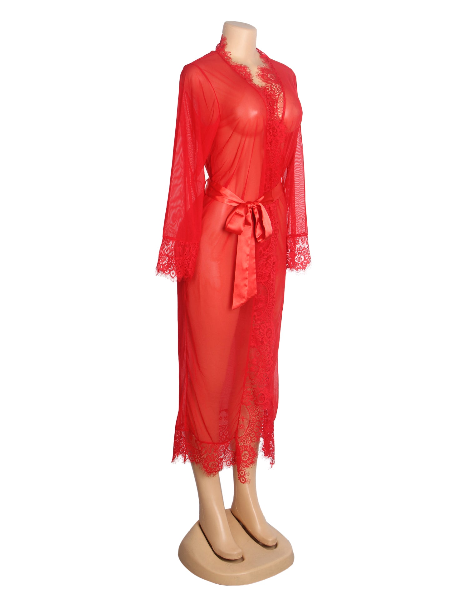 Red Sexy Mesh Eyelash Lace Long Nightgown with Belt
