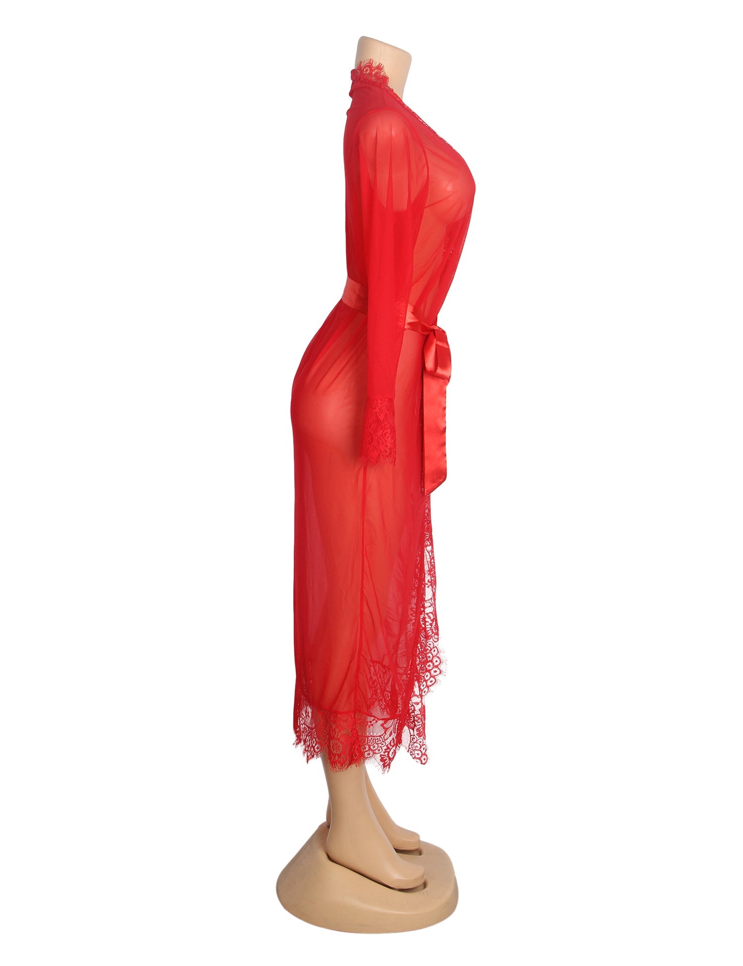 Red Sexy Mesh Eyelash Lace Long Nightgown with Belt