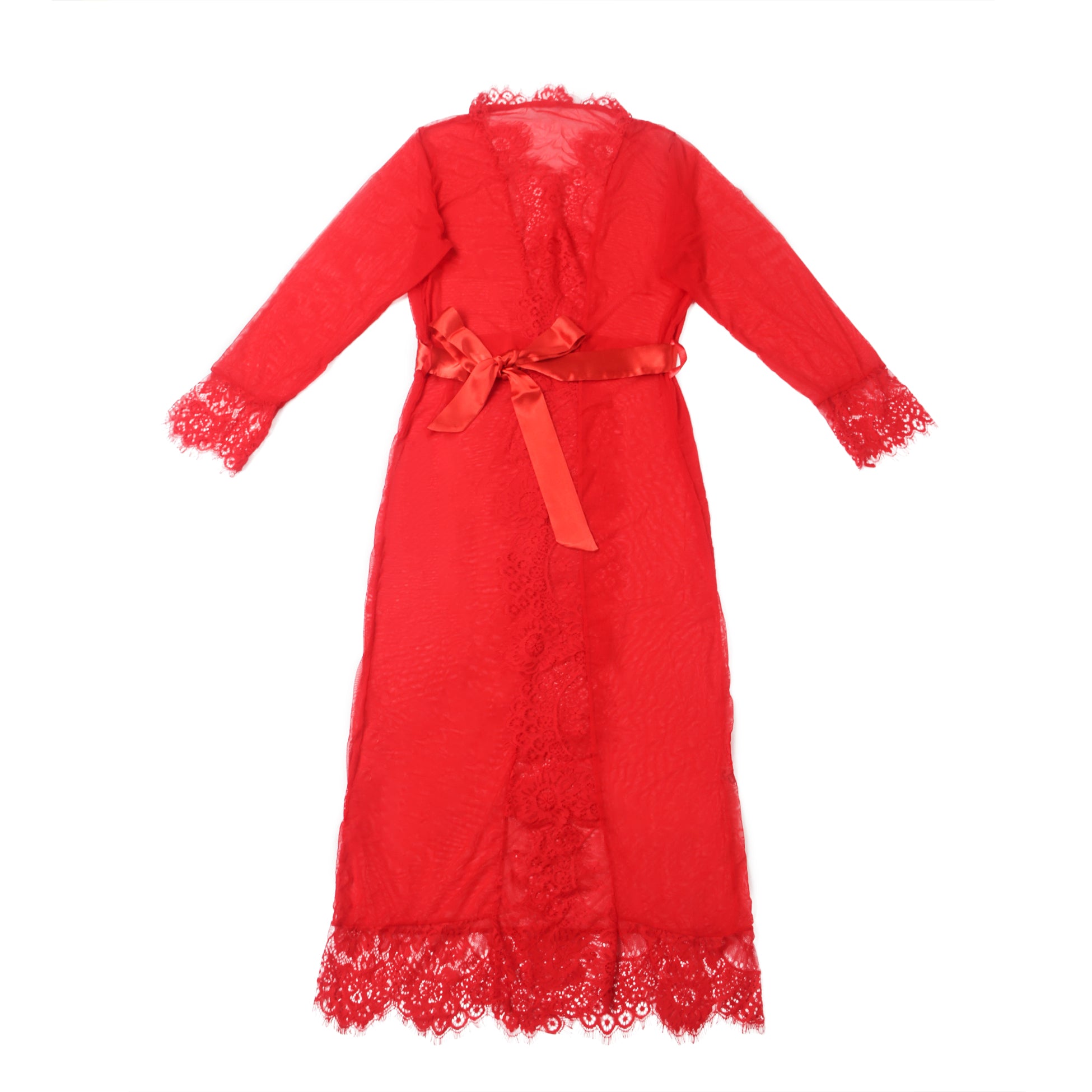 Red Sexy Mesh Eyelash Lace Long Nightgown with Belt