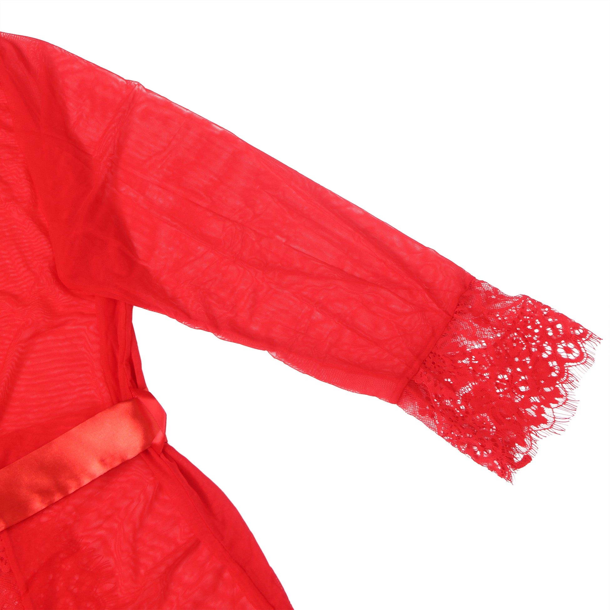 Red Sexy Mesh Eyelash Lace Long Nightgown with Belt