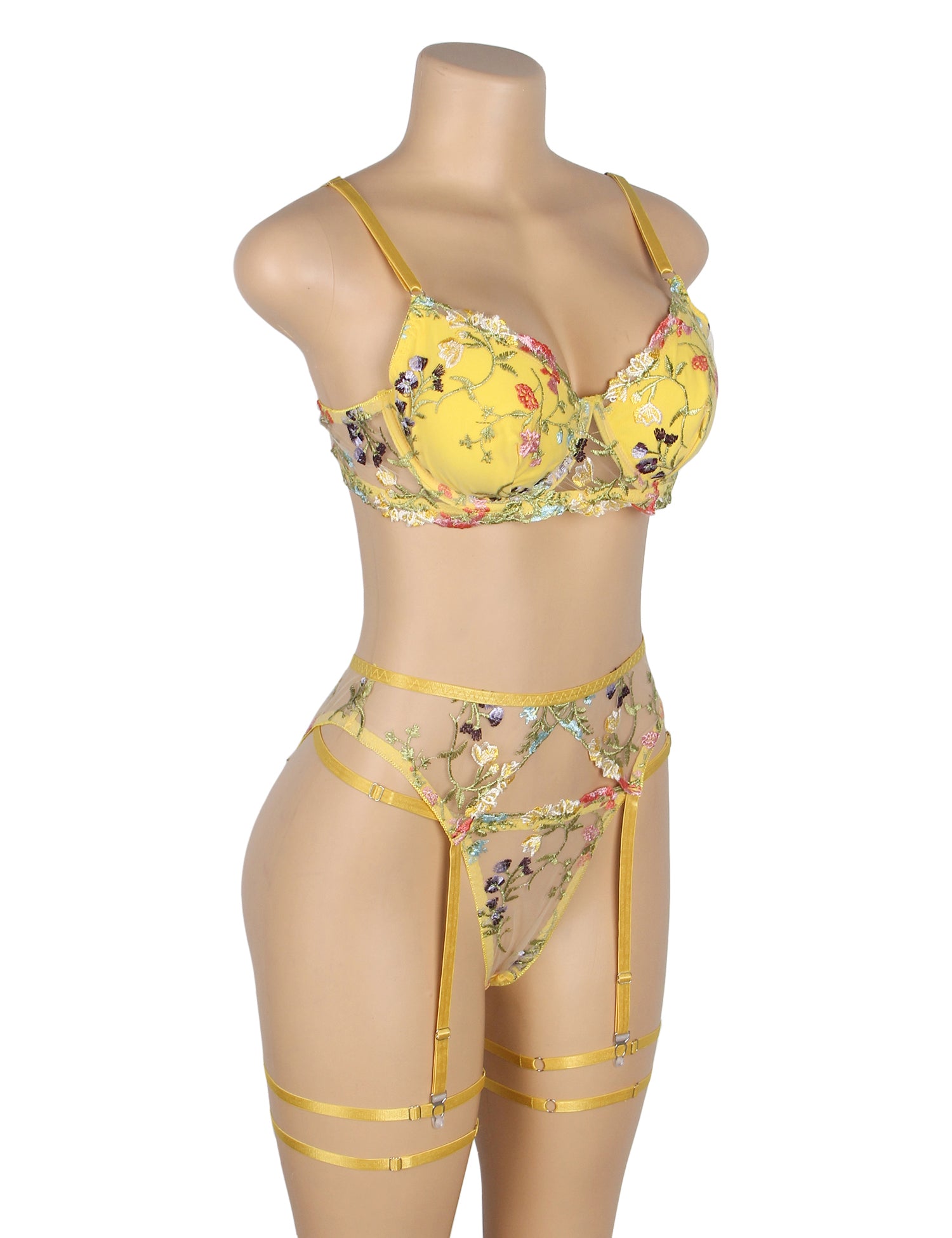 Yellow Sexy Mesh Embroidery Floral Lace Bra Set with Garter Leg Rings