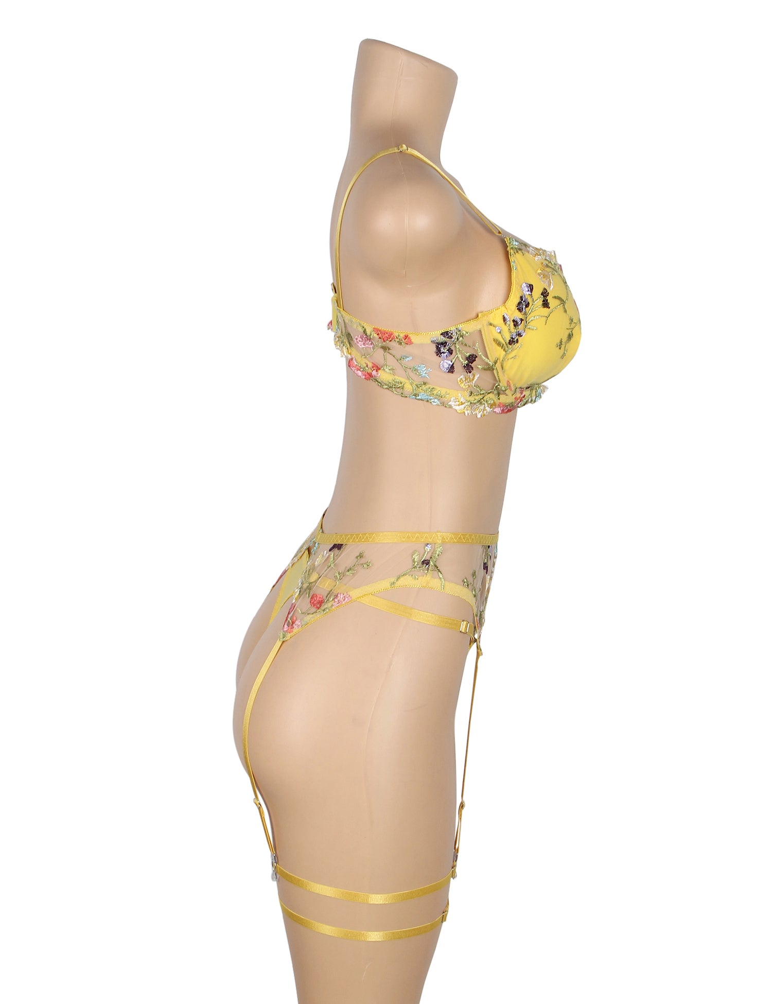 Yellow Sexy Mesh Embroidery Floral Lace Bra Set with Garter Leg Rings