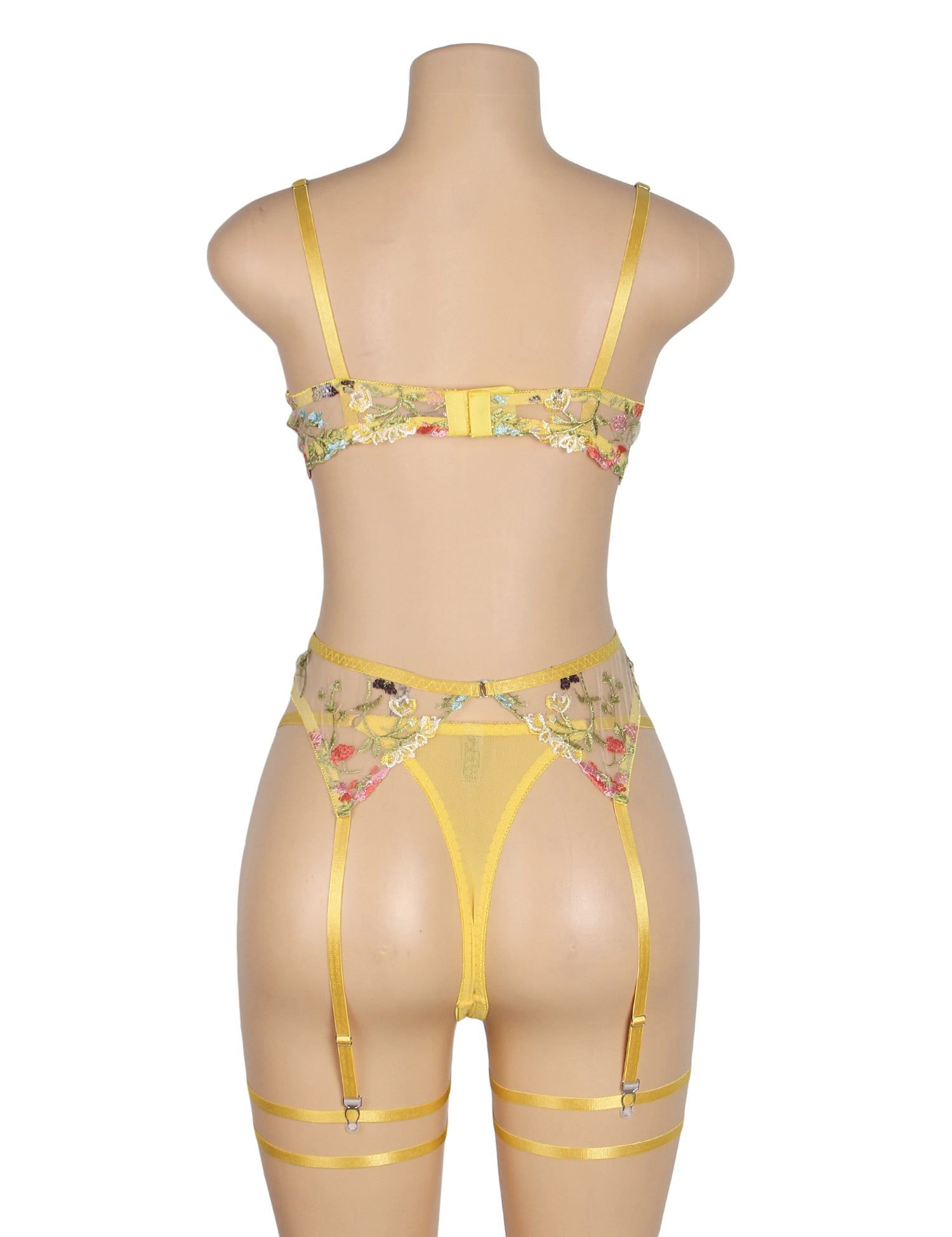 Yellow Sexy Mesh Embroidery Floral Lace Bra Set with Garter Leg Rings