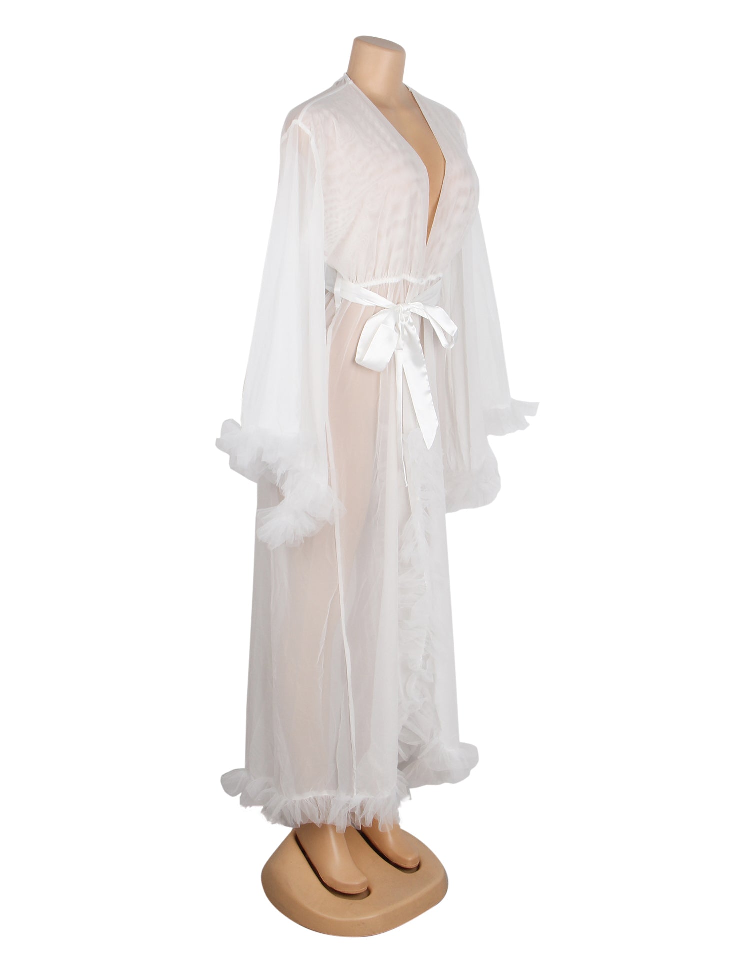 White Sexy Mesh Ruffled Long Robe With Belt