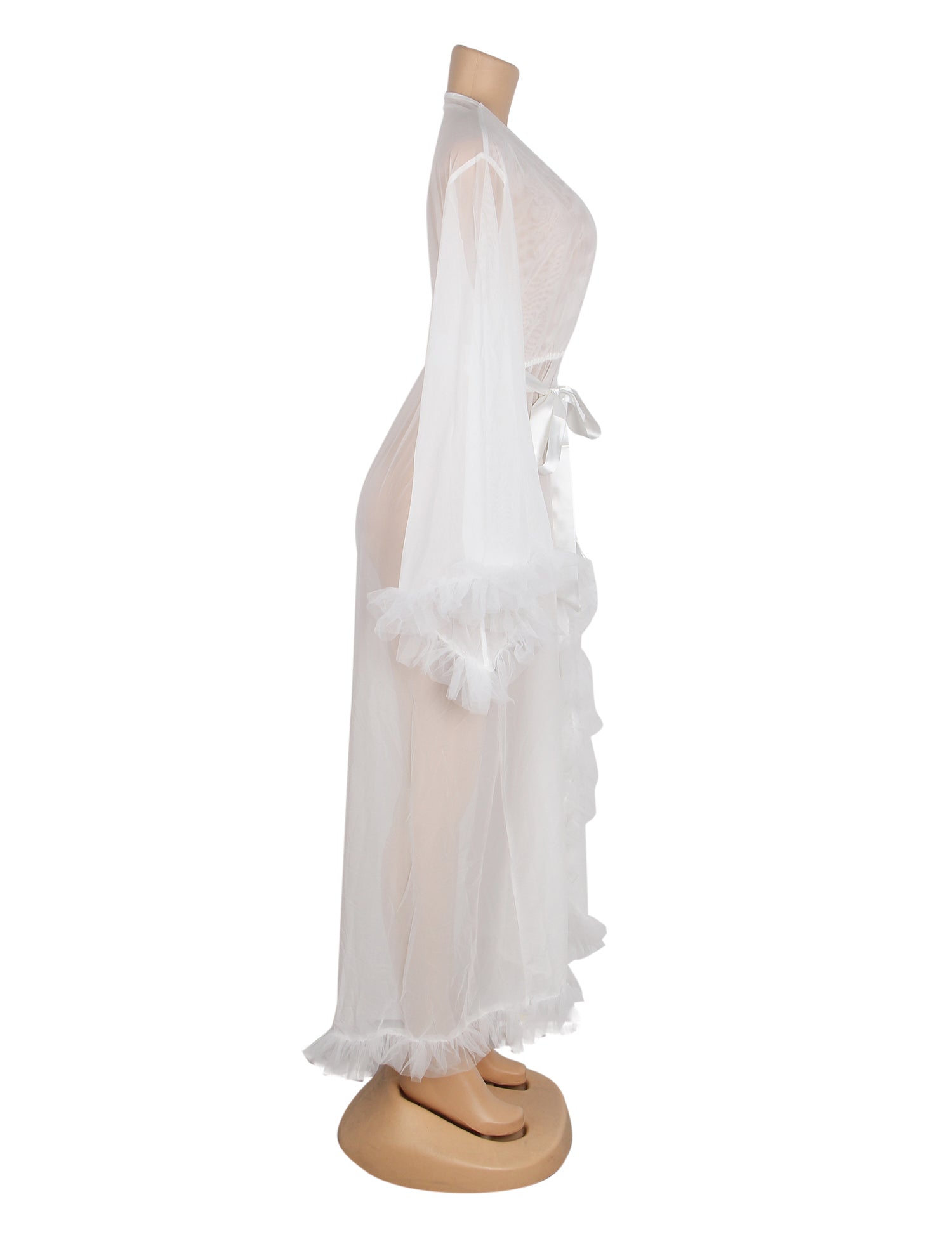 White Sexy Mesh Ruffled Long Robe With Belt