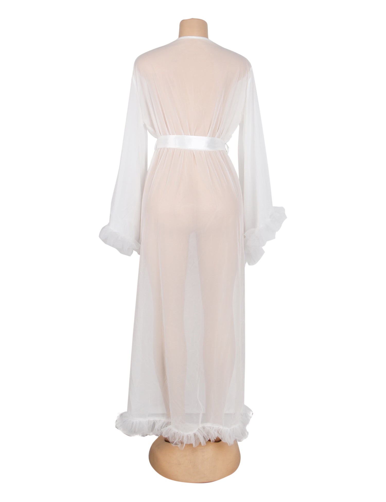 White Sexy Mesh Ruffled Long Robe With Belt