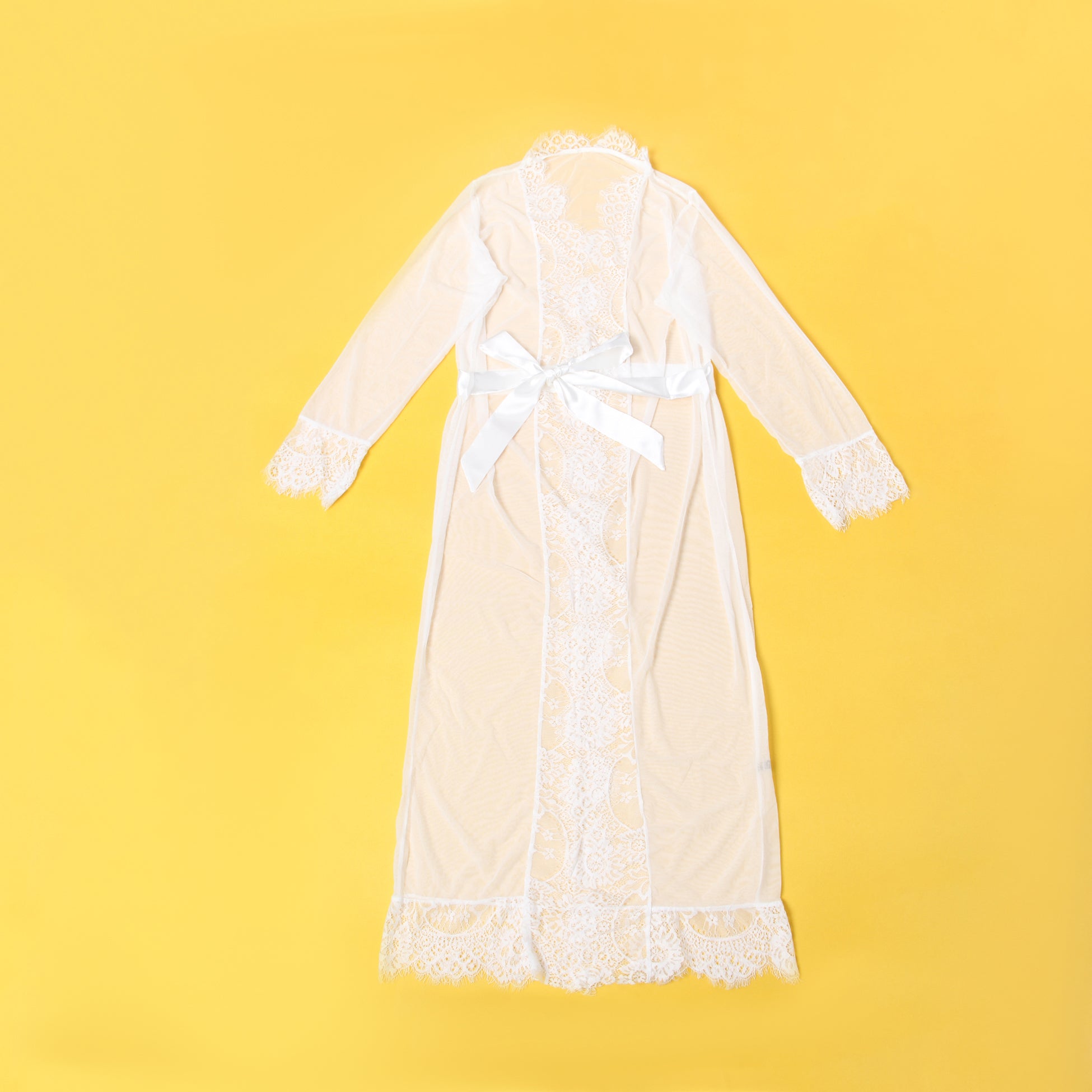 White Sexy Mesh Eyelash Lace Long Nightgown with Belt