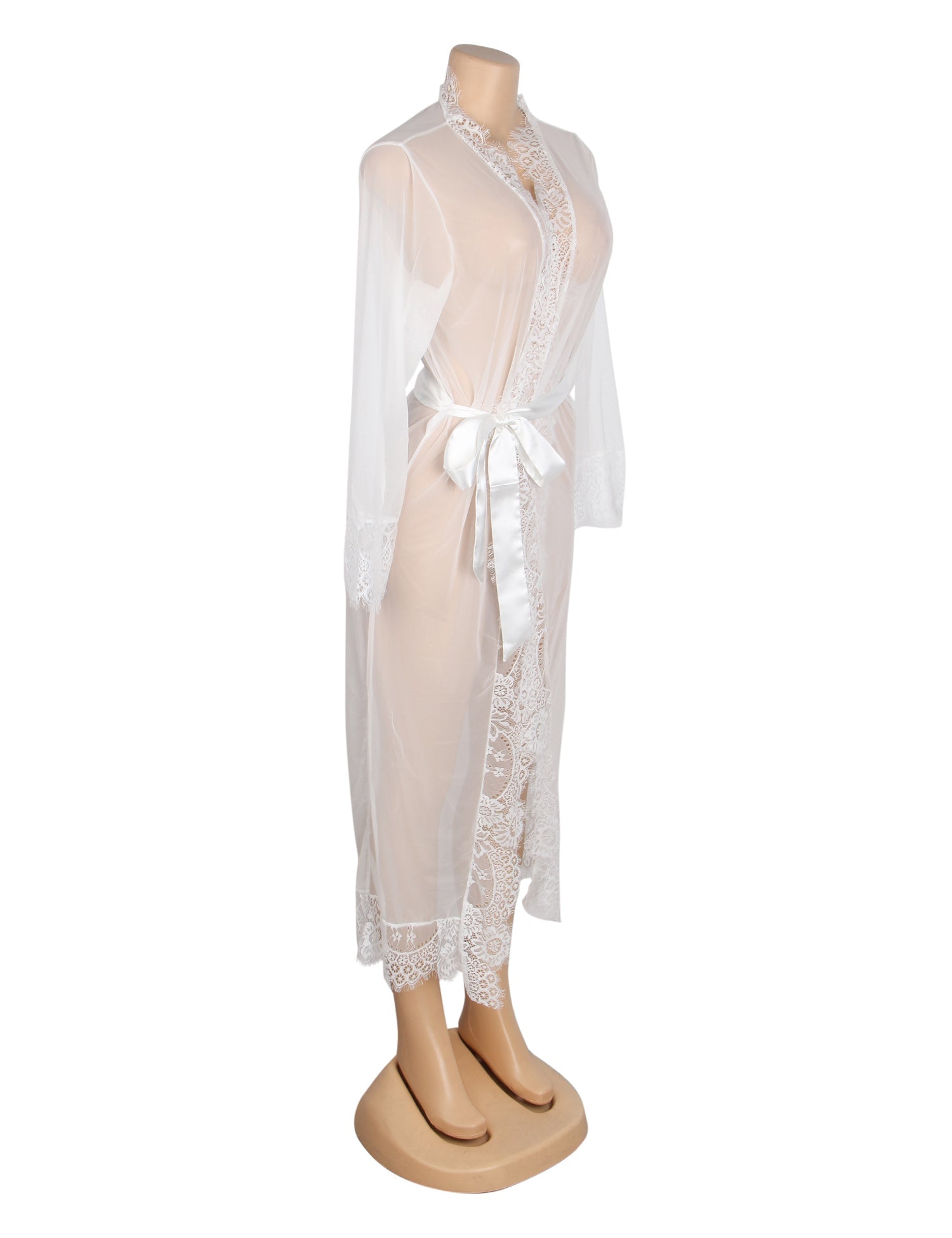 White Sexy Mesh Eyelash Lace Long Nightgown with Belt