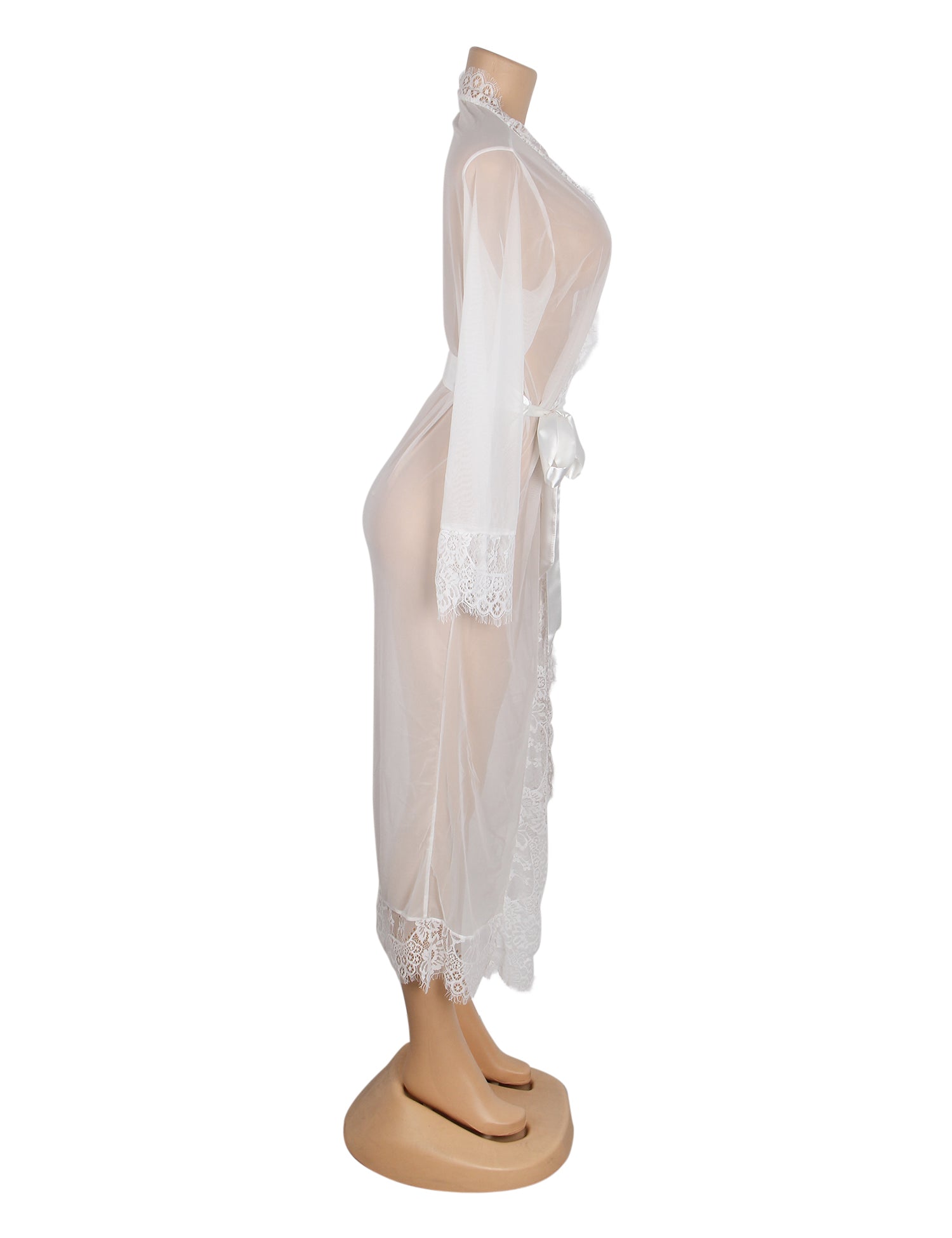 White Sexy Mesh Eyelash Lace Long Nightgown with Belt
