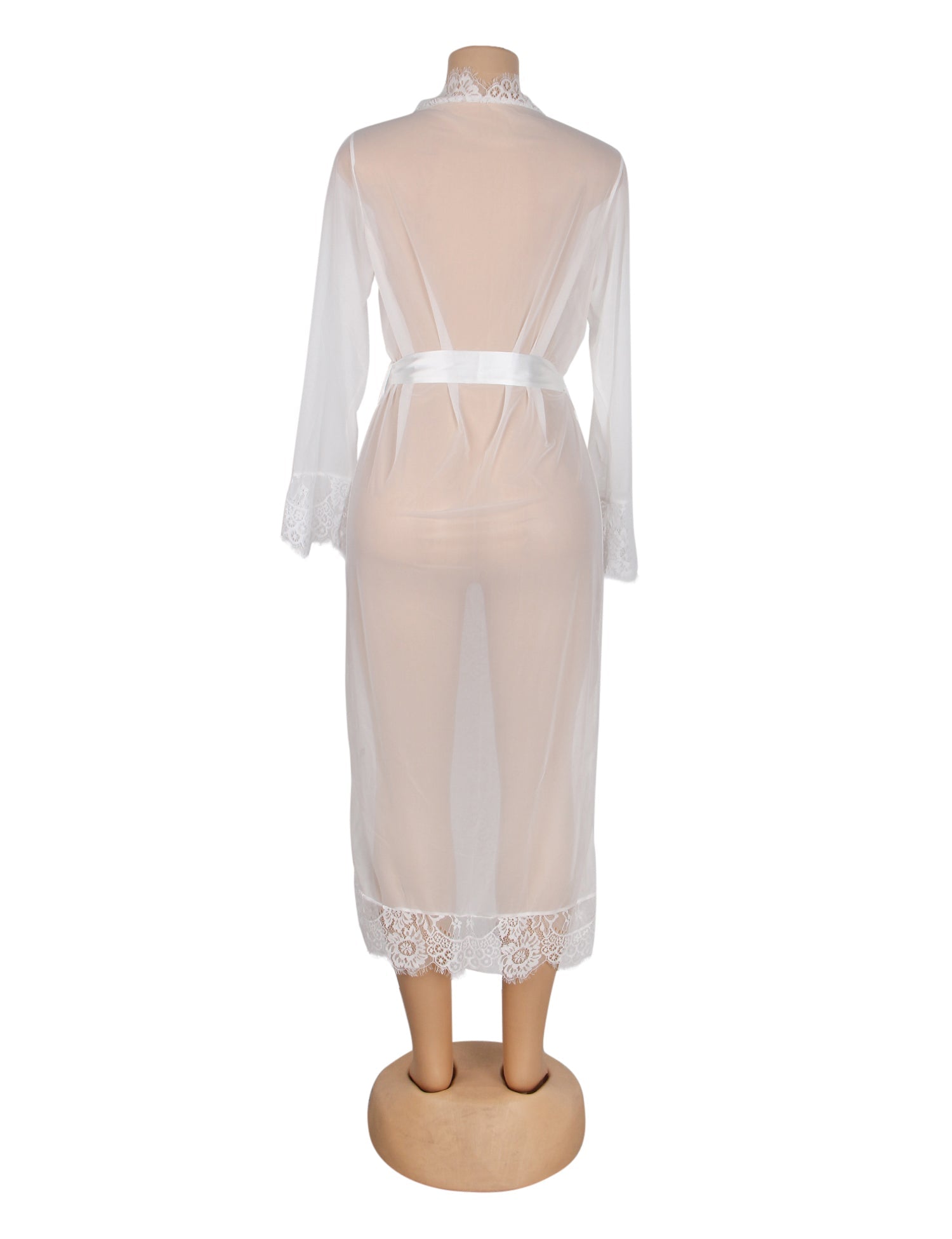 White Sexy Mesh Eyelash Lace Long Nightgown with Belt