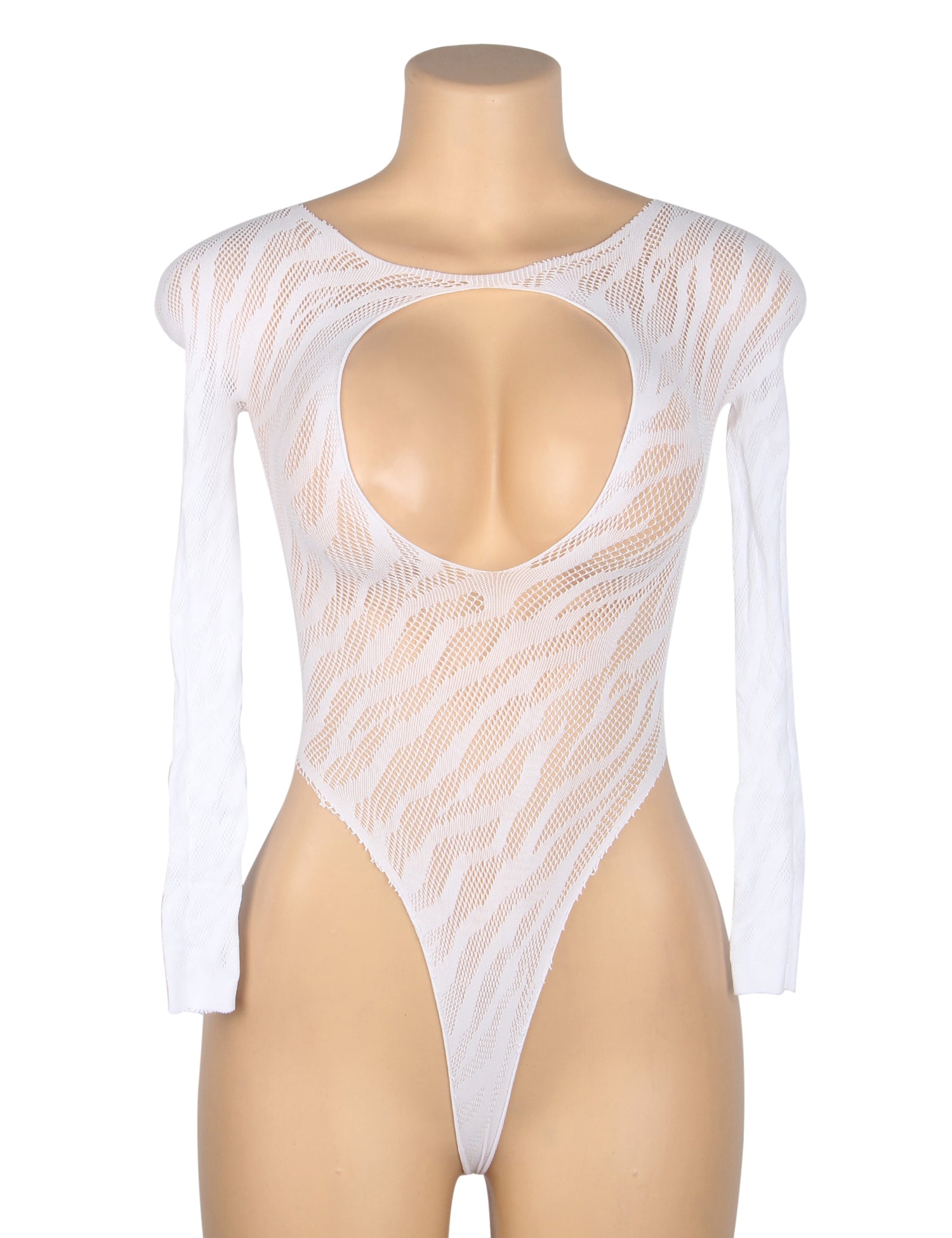 White Sexy Open Chest Striped Luminous High-cut Bodysuit With Long Sleeves