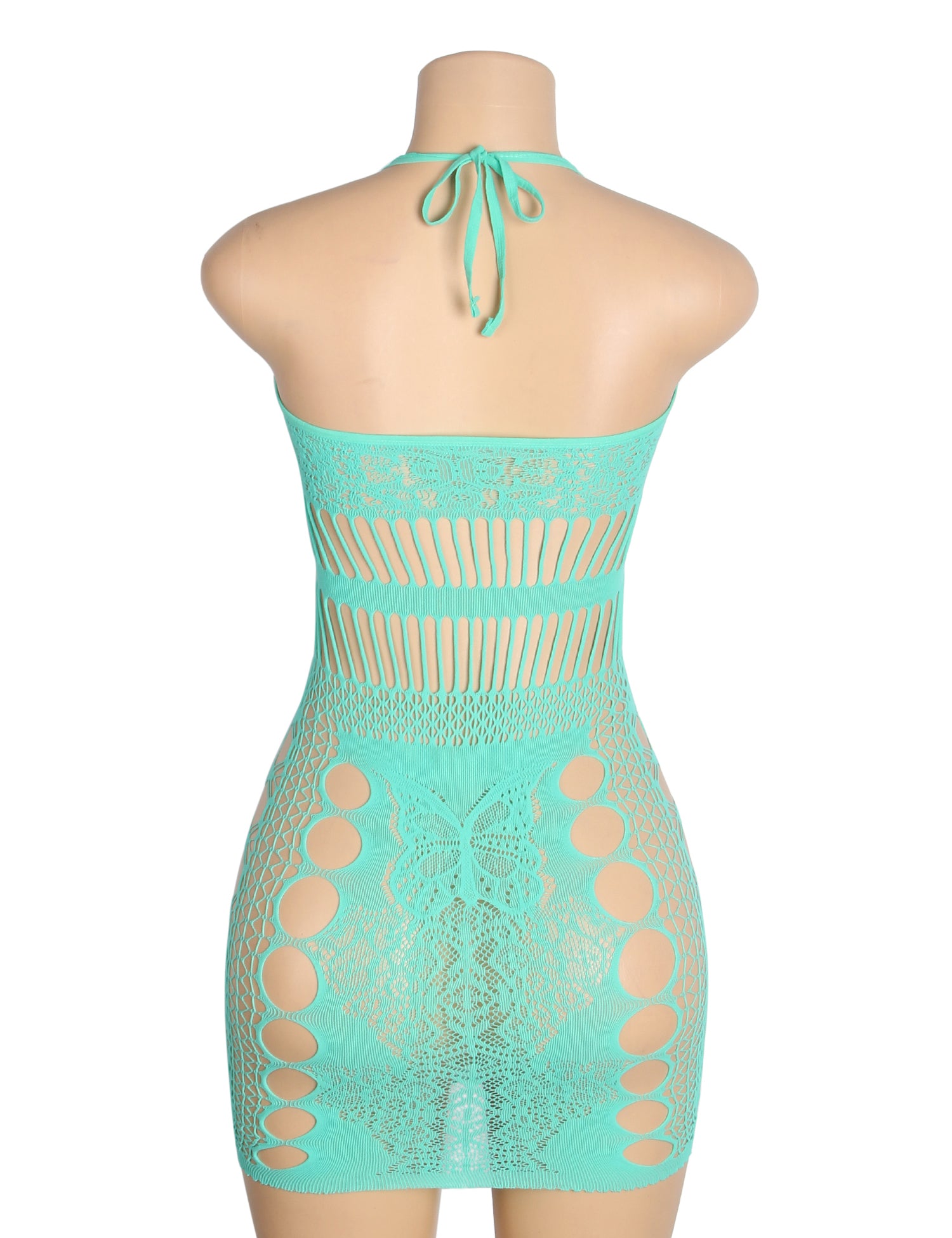 Cyan Sexy Jacquard Hollow Out Halter Bodystocking Dress