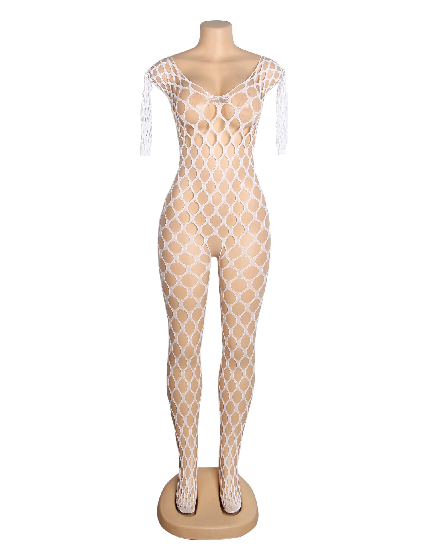 White Sexy Luminous Big Mesh Fishnet Long Sleeves Open Crotch Bodystocking