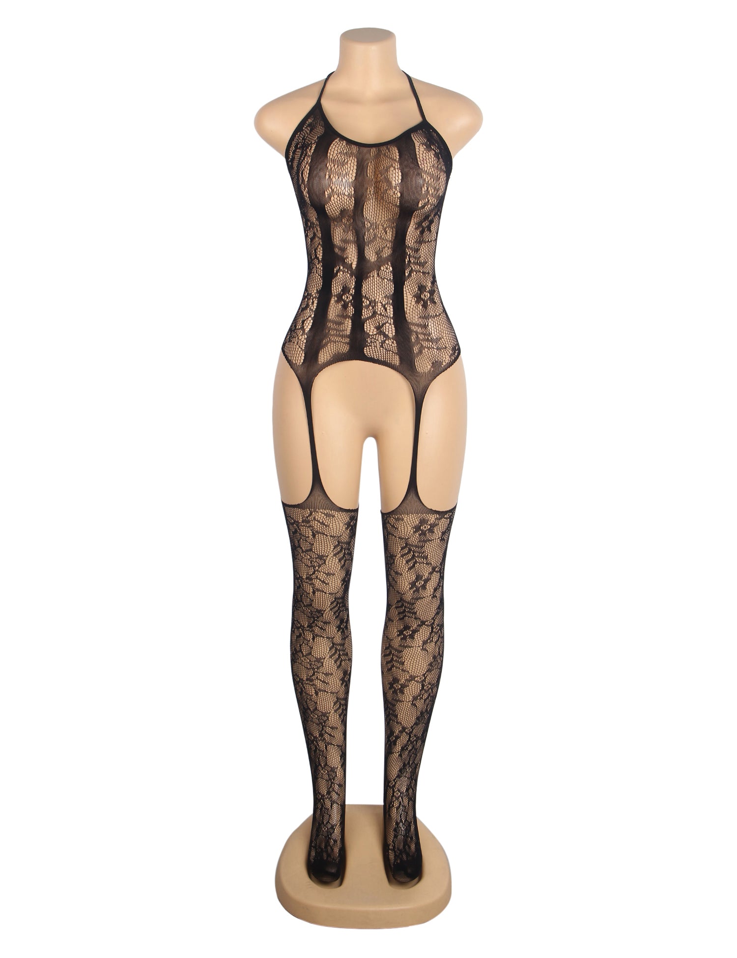 Black Sexy Jacquard Halter Neck Bodystocking