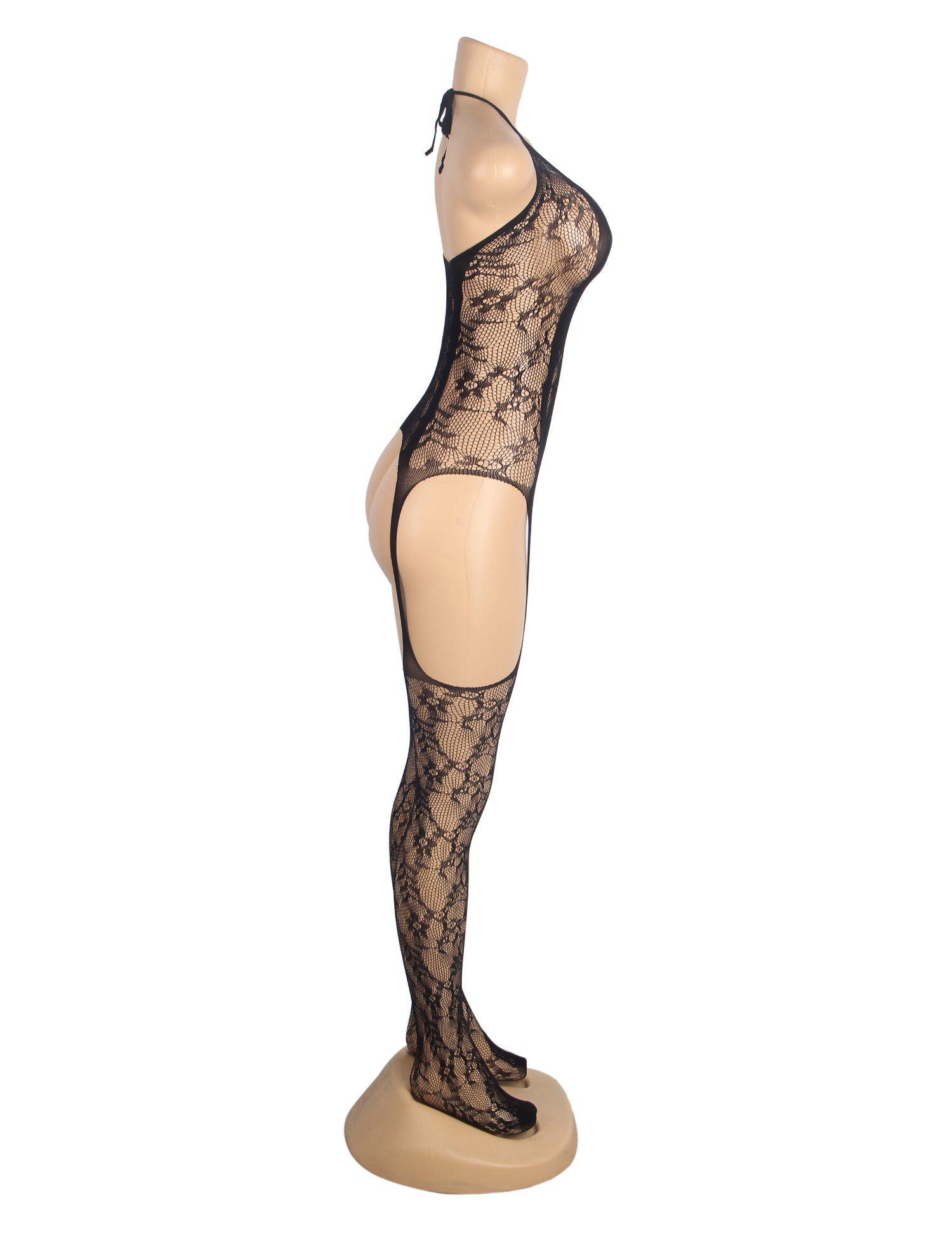Black Sexy Jacquard Halter Neck Bodystocking