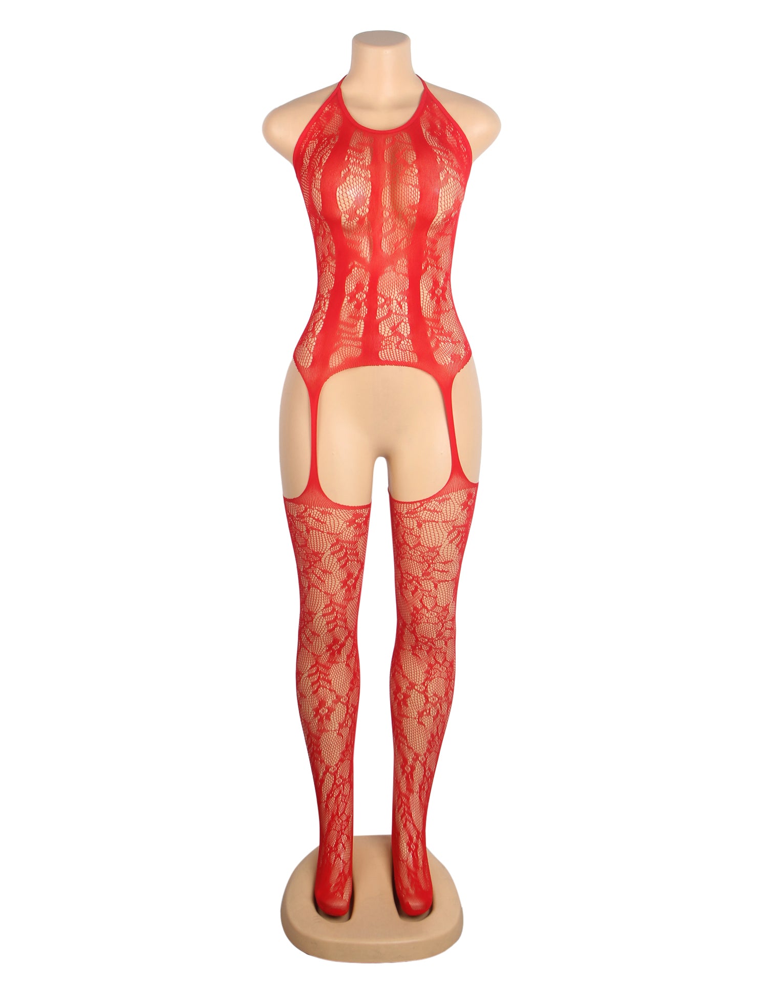 Red Sexy Jacquard Halter Neck Bodystocking