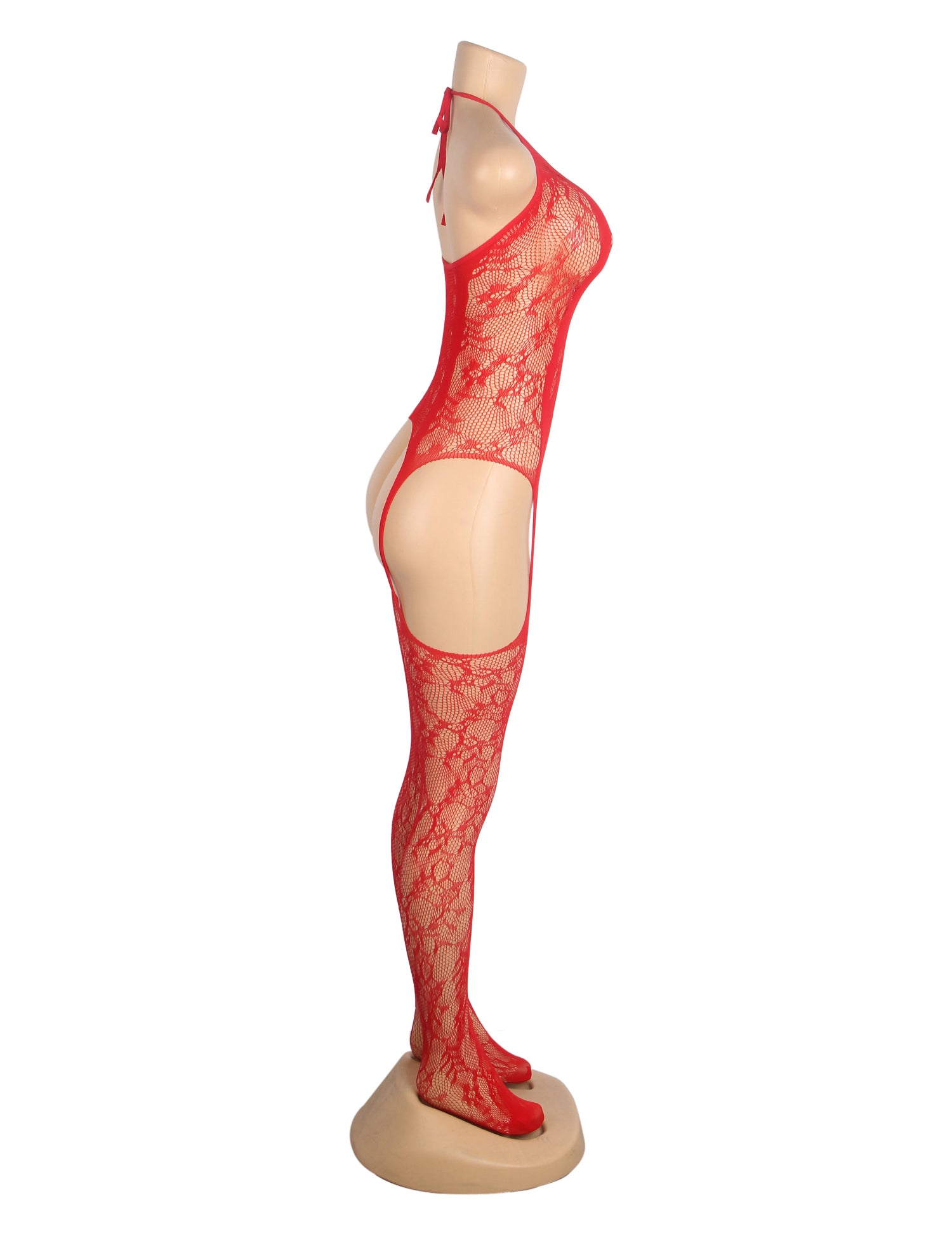 Red Sexy Jacquard Halter Neck Bodystocking