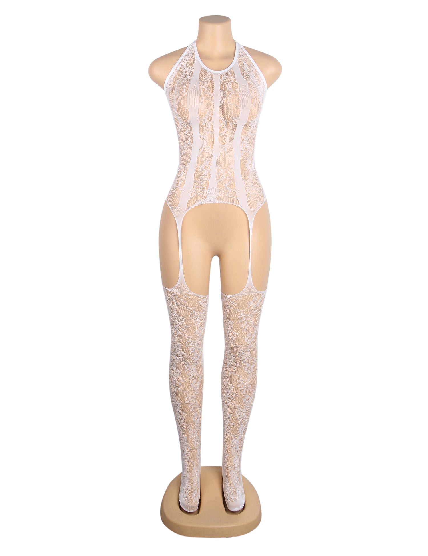White Sexy Jacquard Halter Neck Bodystocking