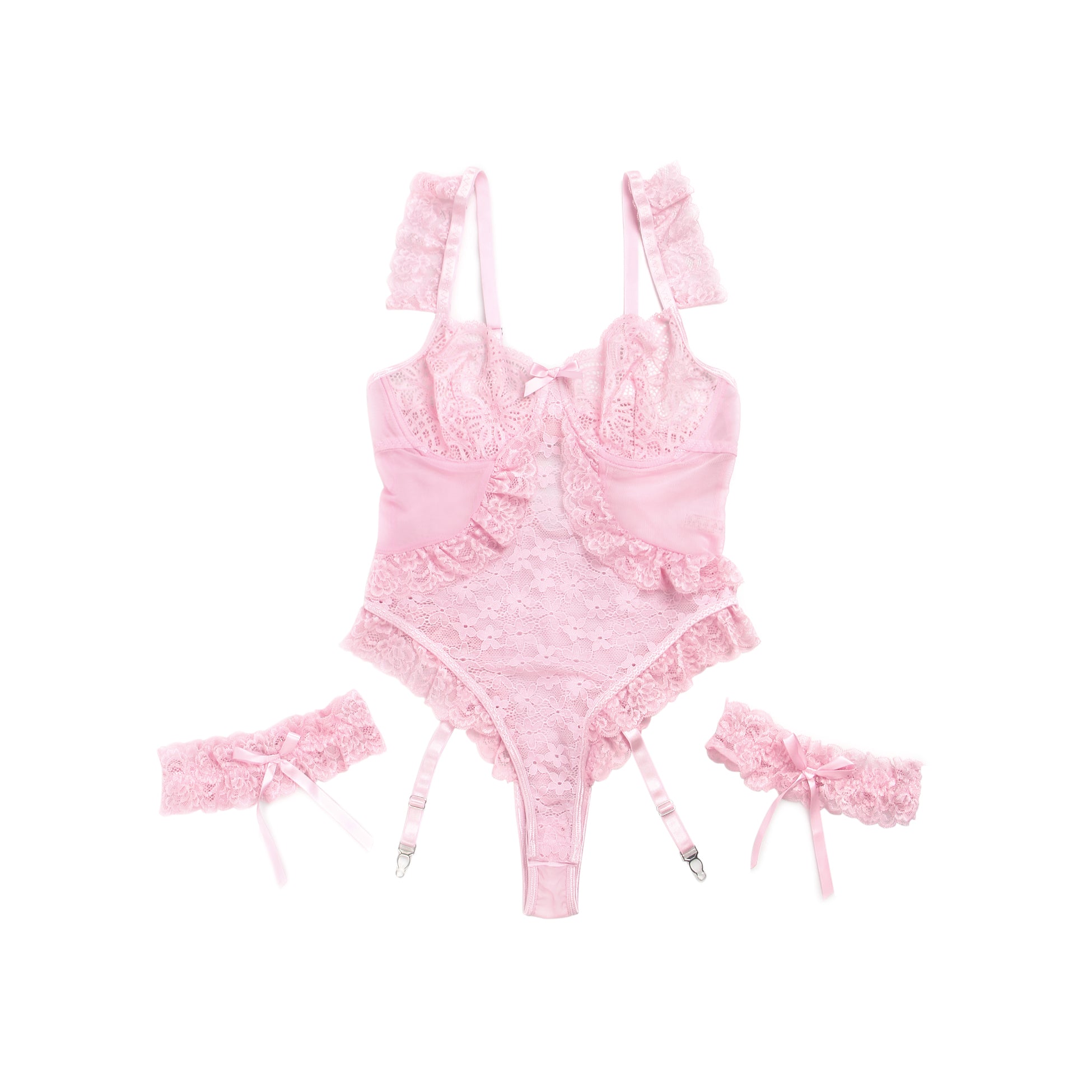 Pink Sexy Jacquard Lace Mesh Crotchless Bodysuit With Garter