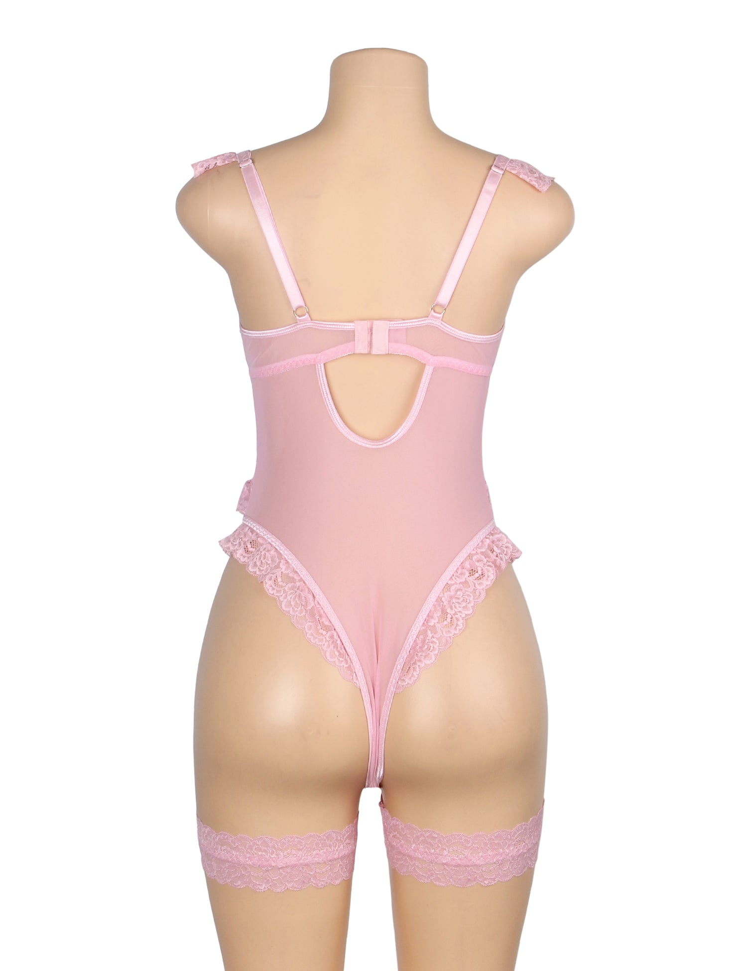 Pink Sexy Jacquard Lace Mesh Crotchless Bodysuit With Garter
