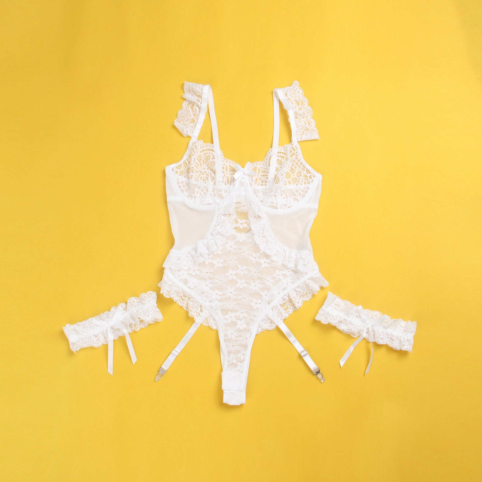 White Sexy Jacquard Lace Mesh Crotchless Bodysuit With Garter