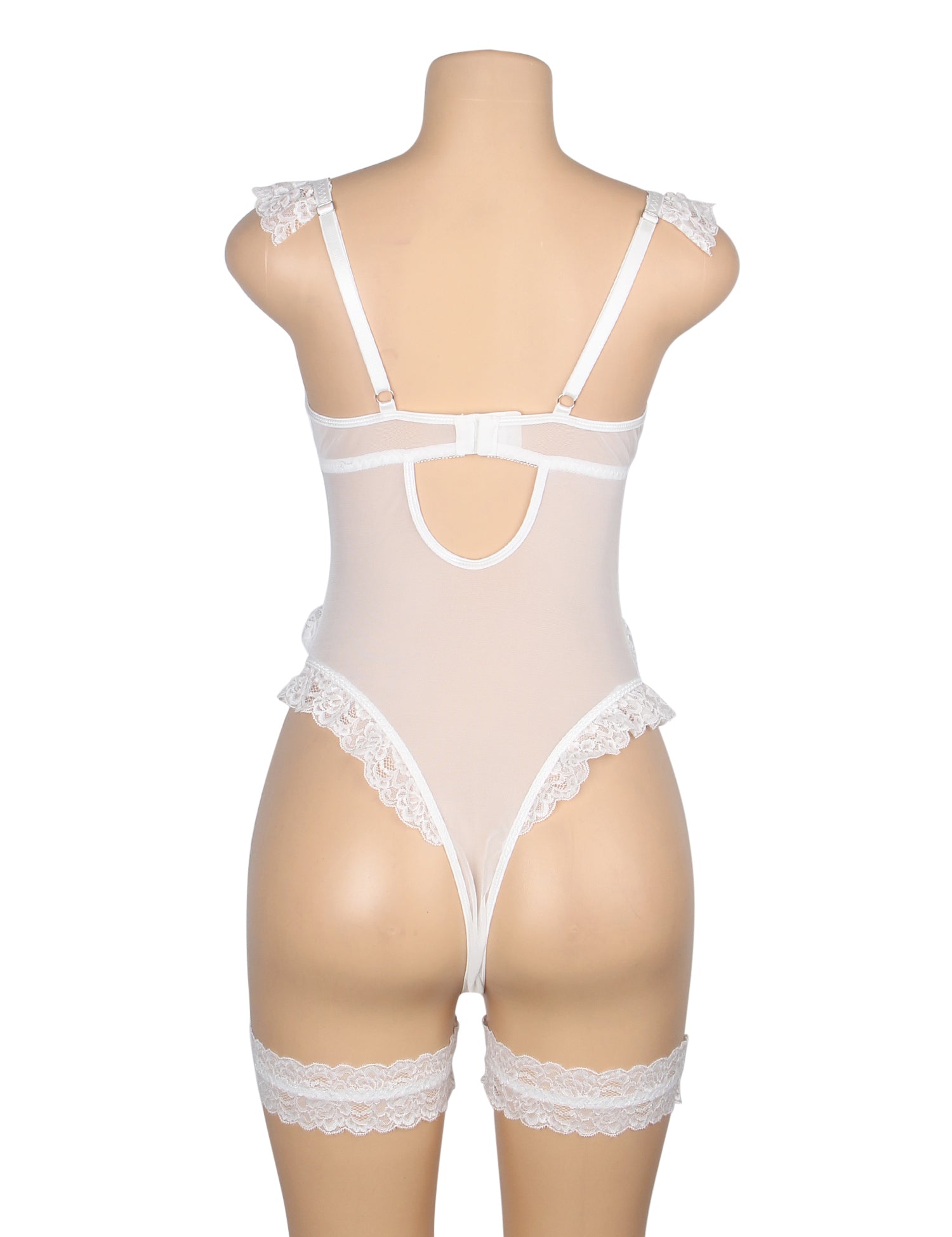 White Sexy Jacquard Lace Mesh Crotchless Bodysuit With Garter