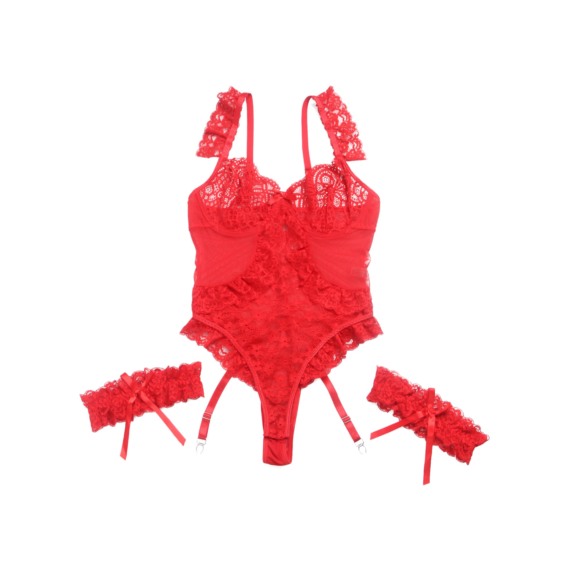 Red Sexy Jacquard Lace Mesh Crotchless Bodysuit With Garter