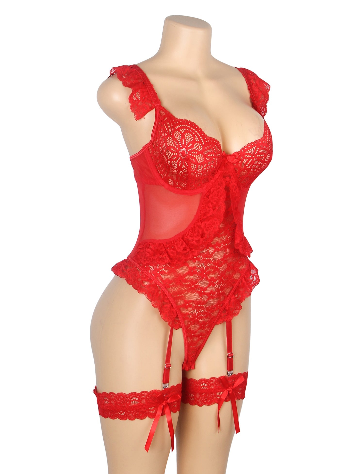 Red Sexy Jacquard Lace Mesh Crotchless Bodysuit With Garter