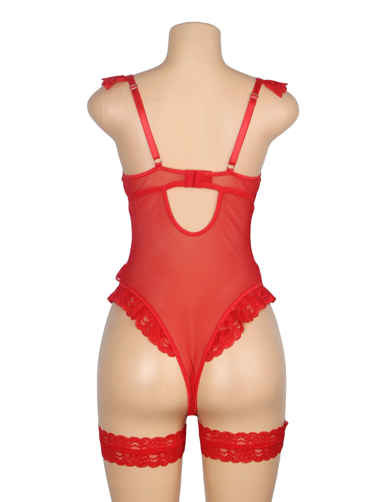 Red Sexy Jacquard Lace Mesh Crotchless Bodysuit With Garter