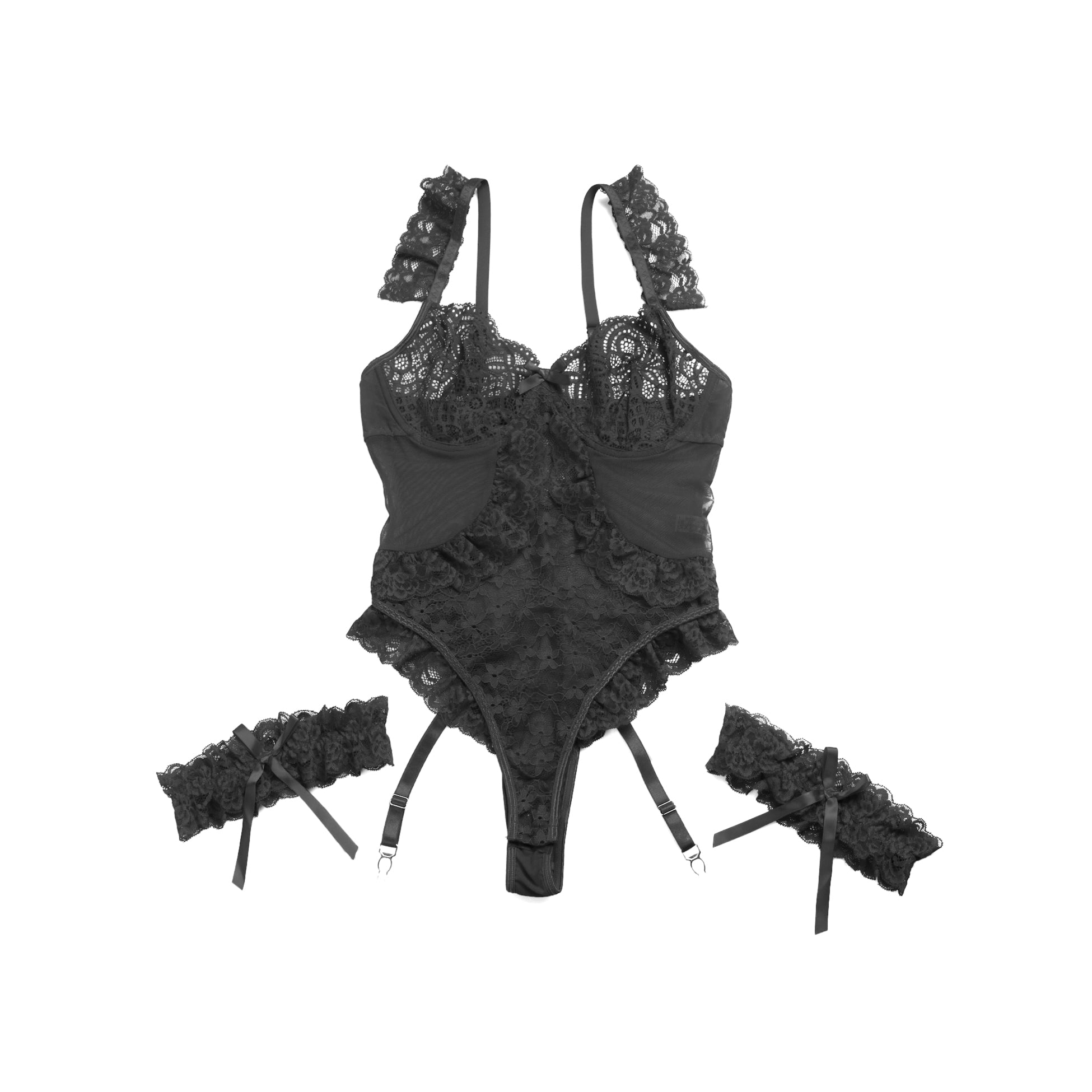 Black Sexy Jacquard Lace Mesh Crotchless Bodysuit With Garter