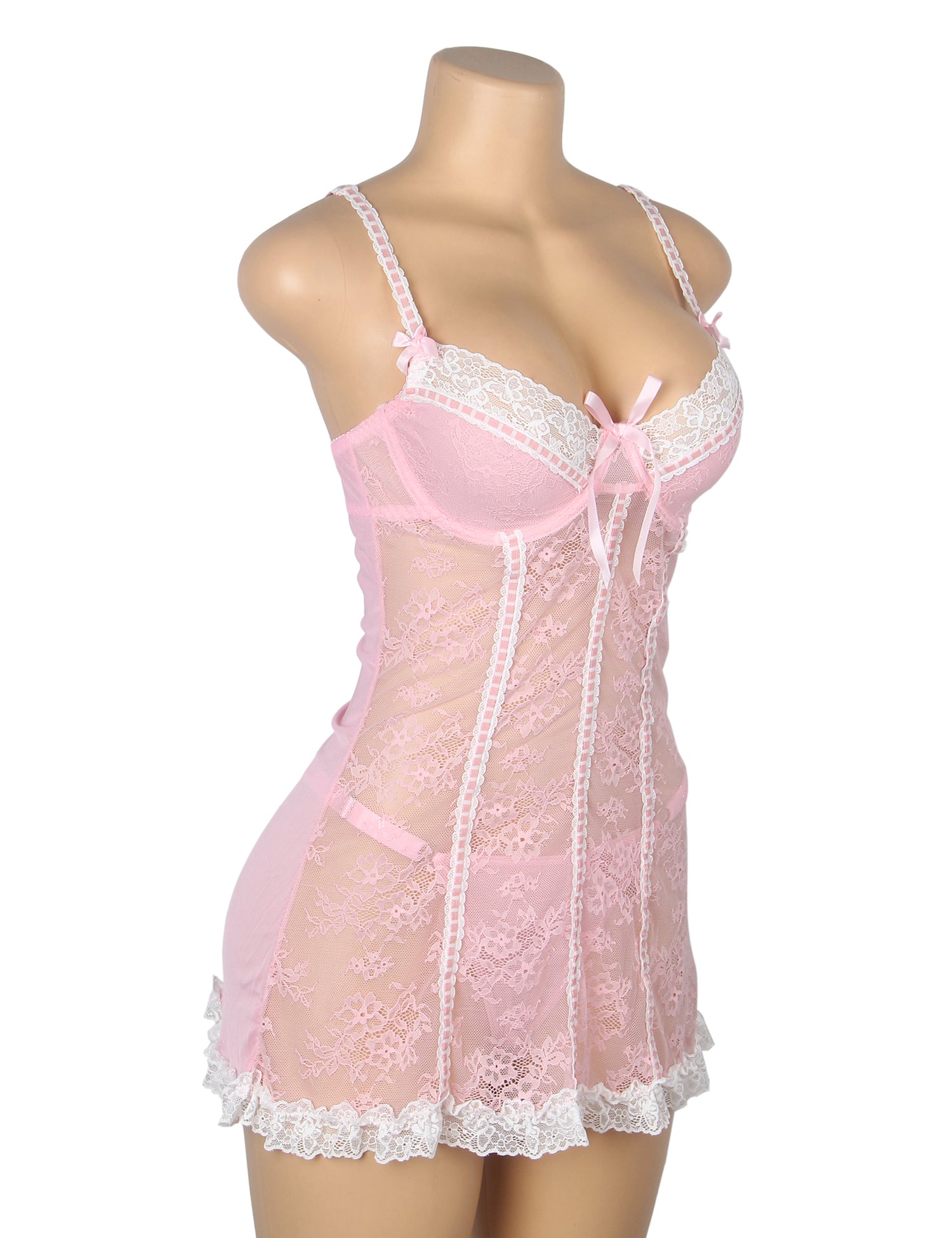 Pink Sexy Lace Ruffled Suspender Nightdress