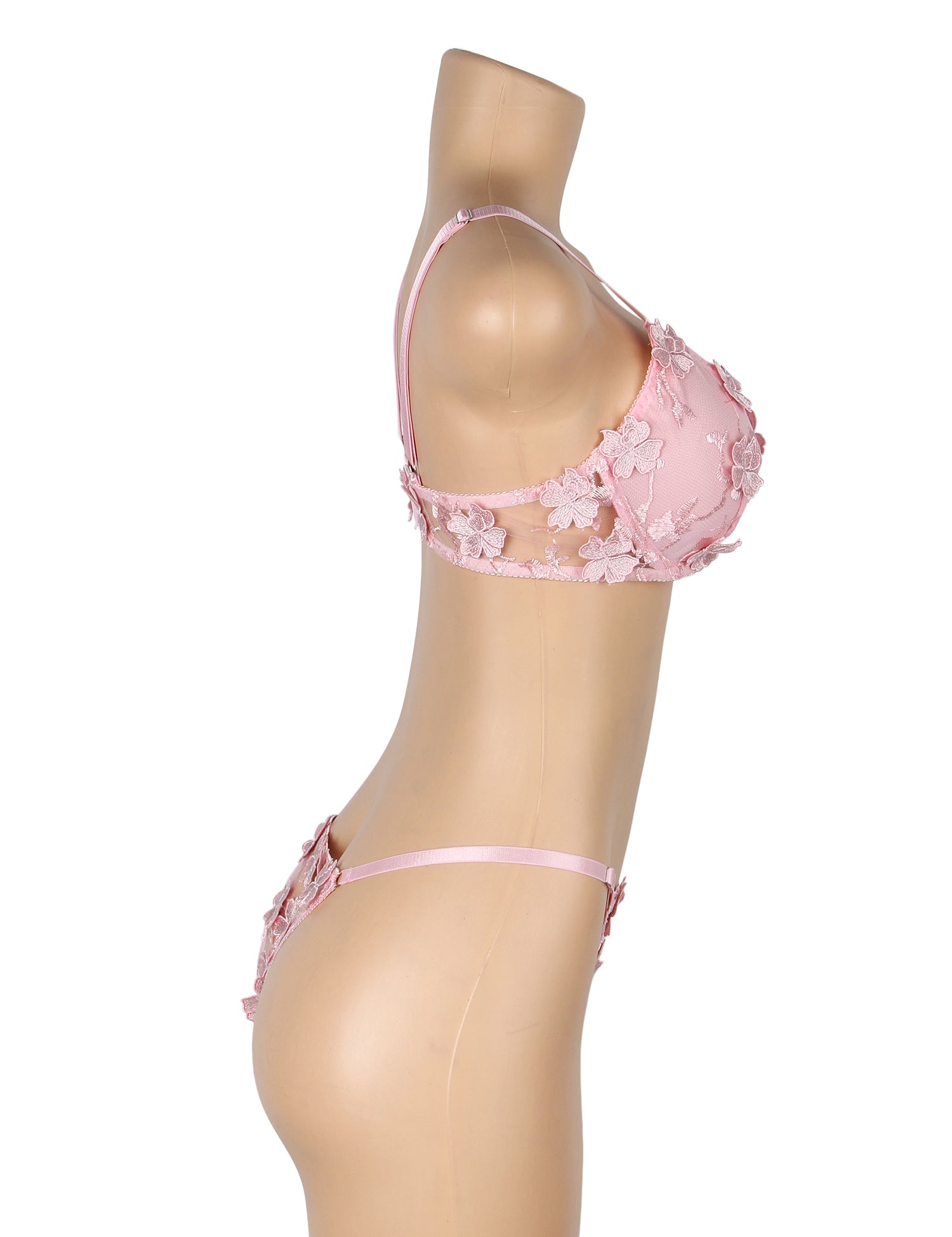 Pink Sexy Floral Mesh Embroidery Lace Bra Set