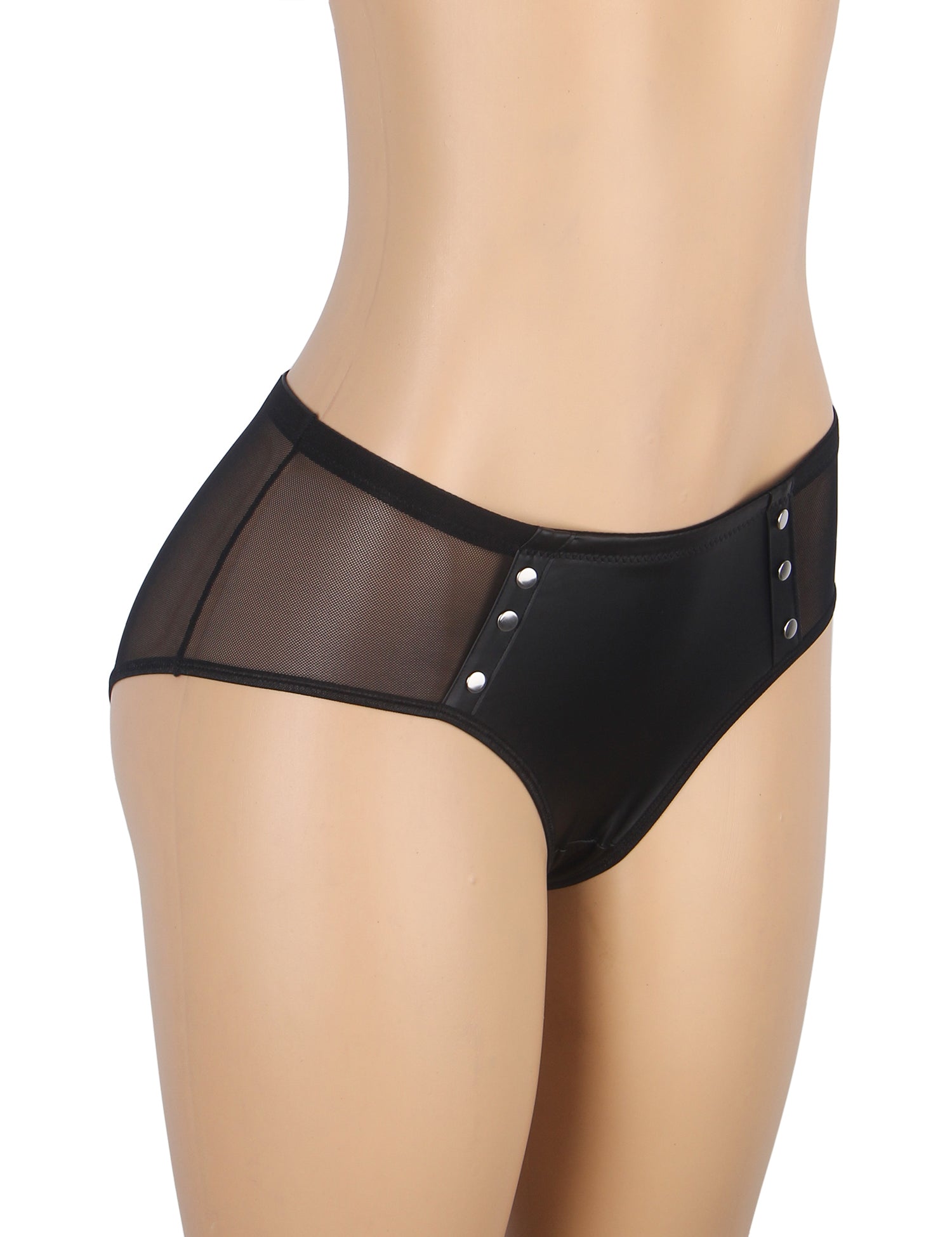 Black Sexy PU Leather Mesh Rivet Women Underwear